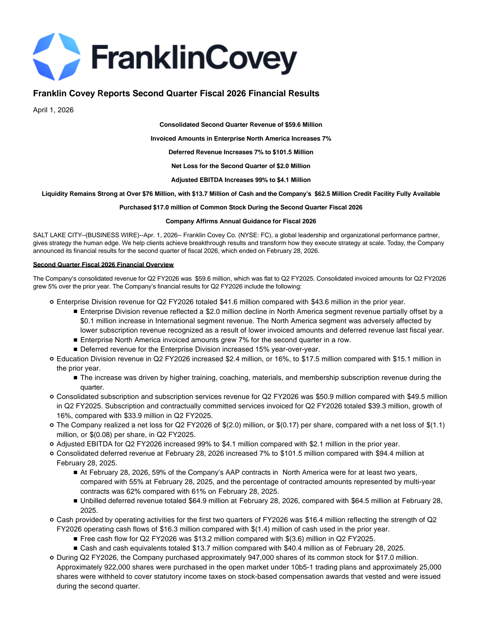 Franklin Covey's Q2 2026 Press Release