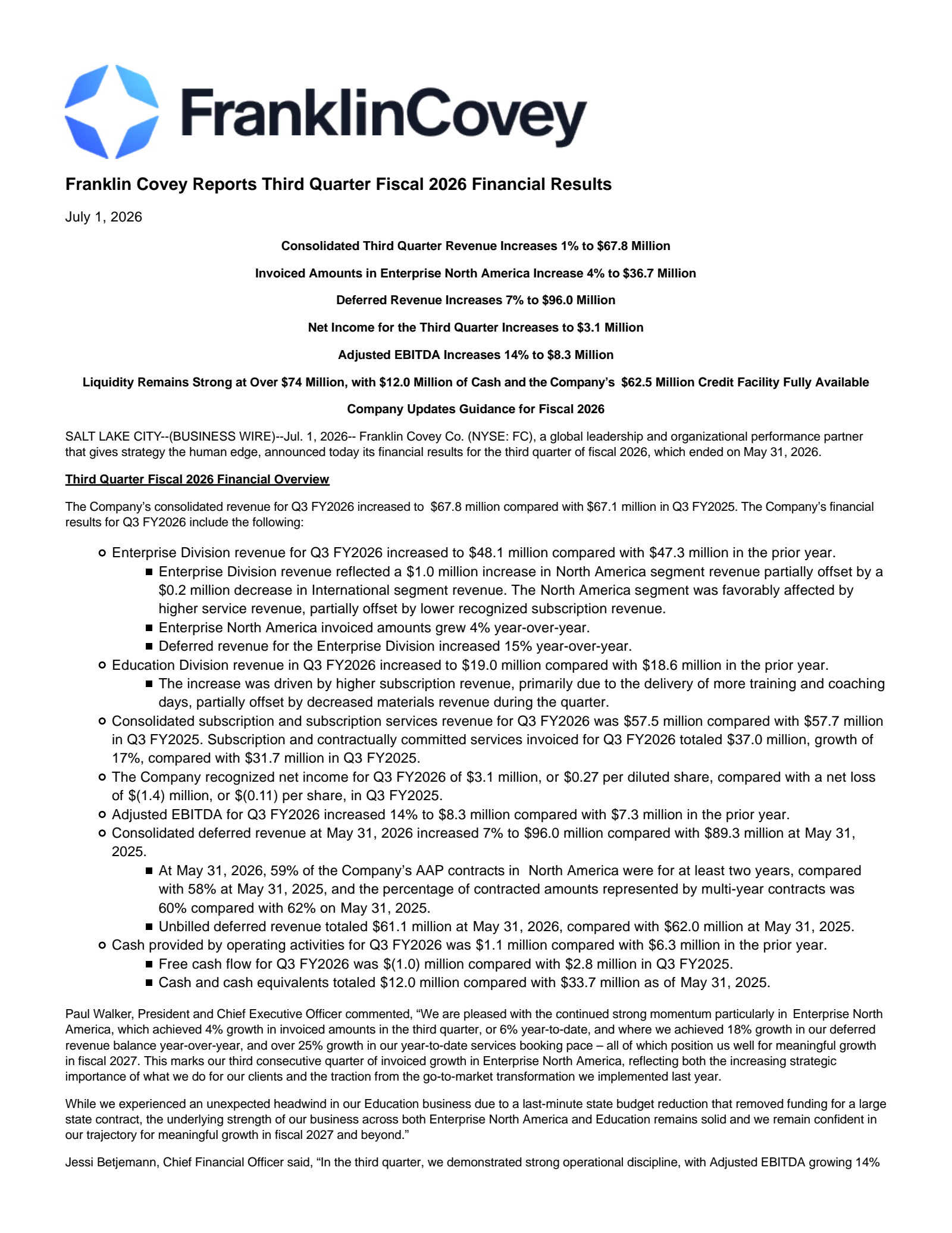 Franklin Covey's Q3 2026 Press Release