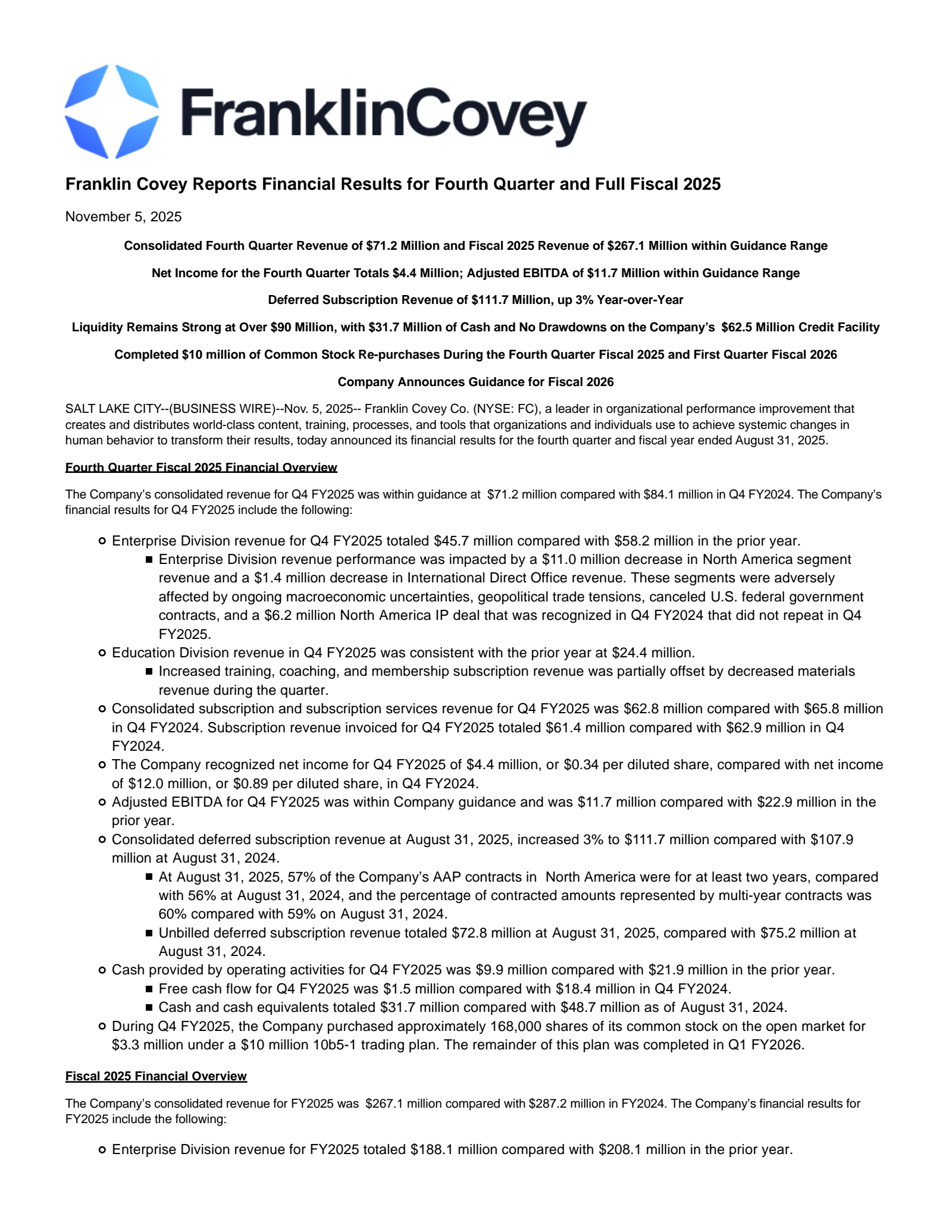 Franklin Covey's Q4 2025 Earnings Release