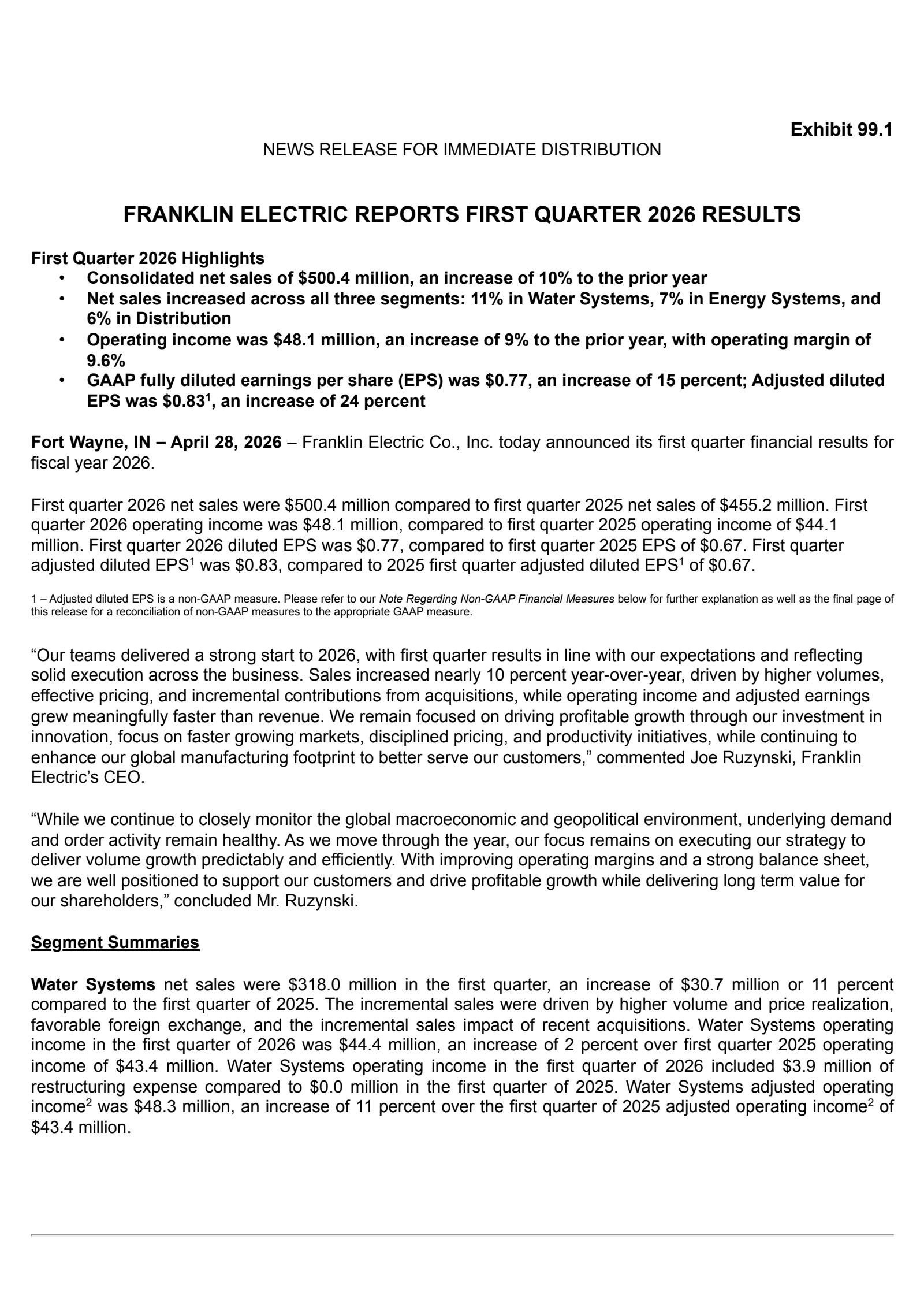 Franklin Electric's Q1 2026 Press Release