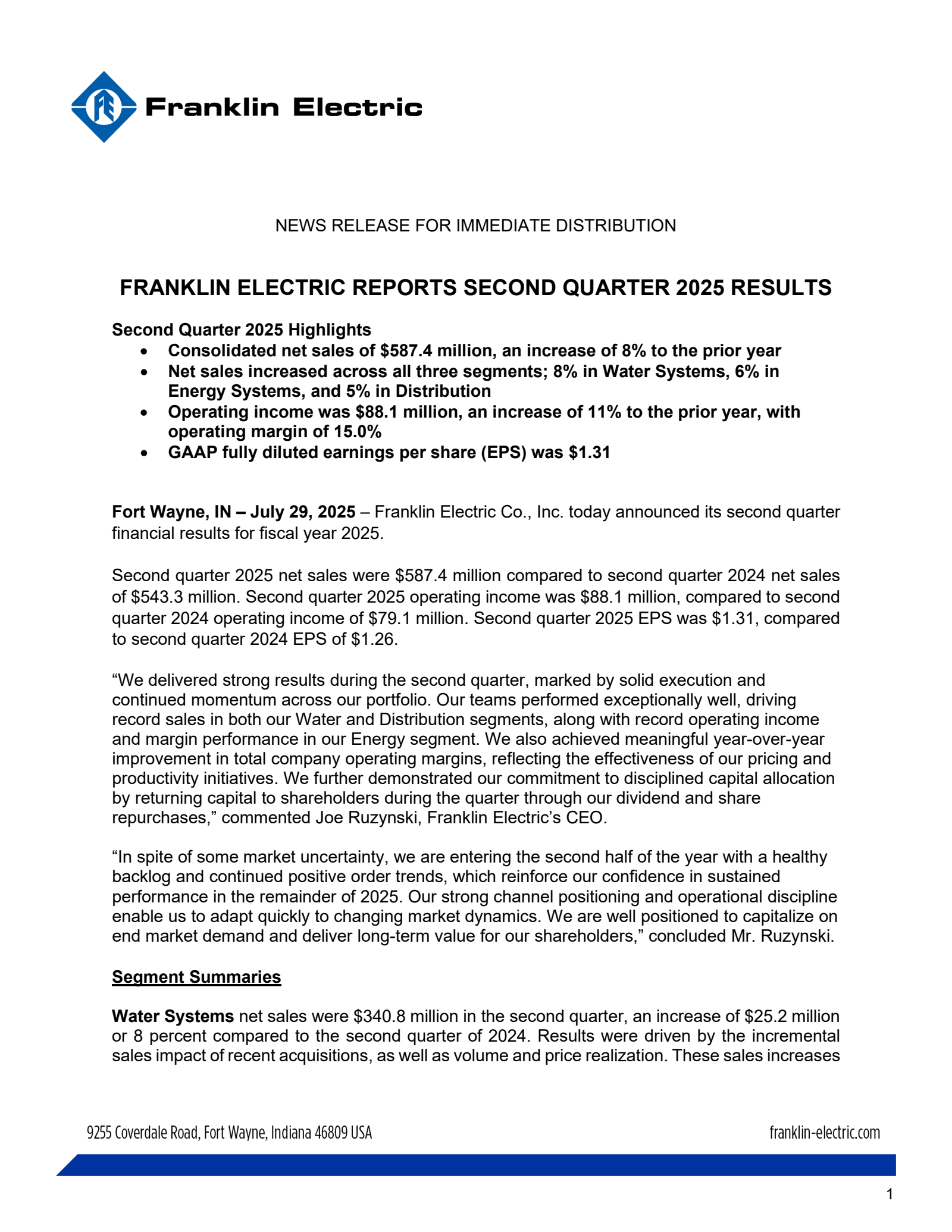 Franklin Electric's Q2 2025 Press Release
