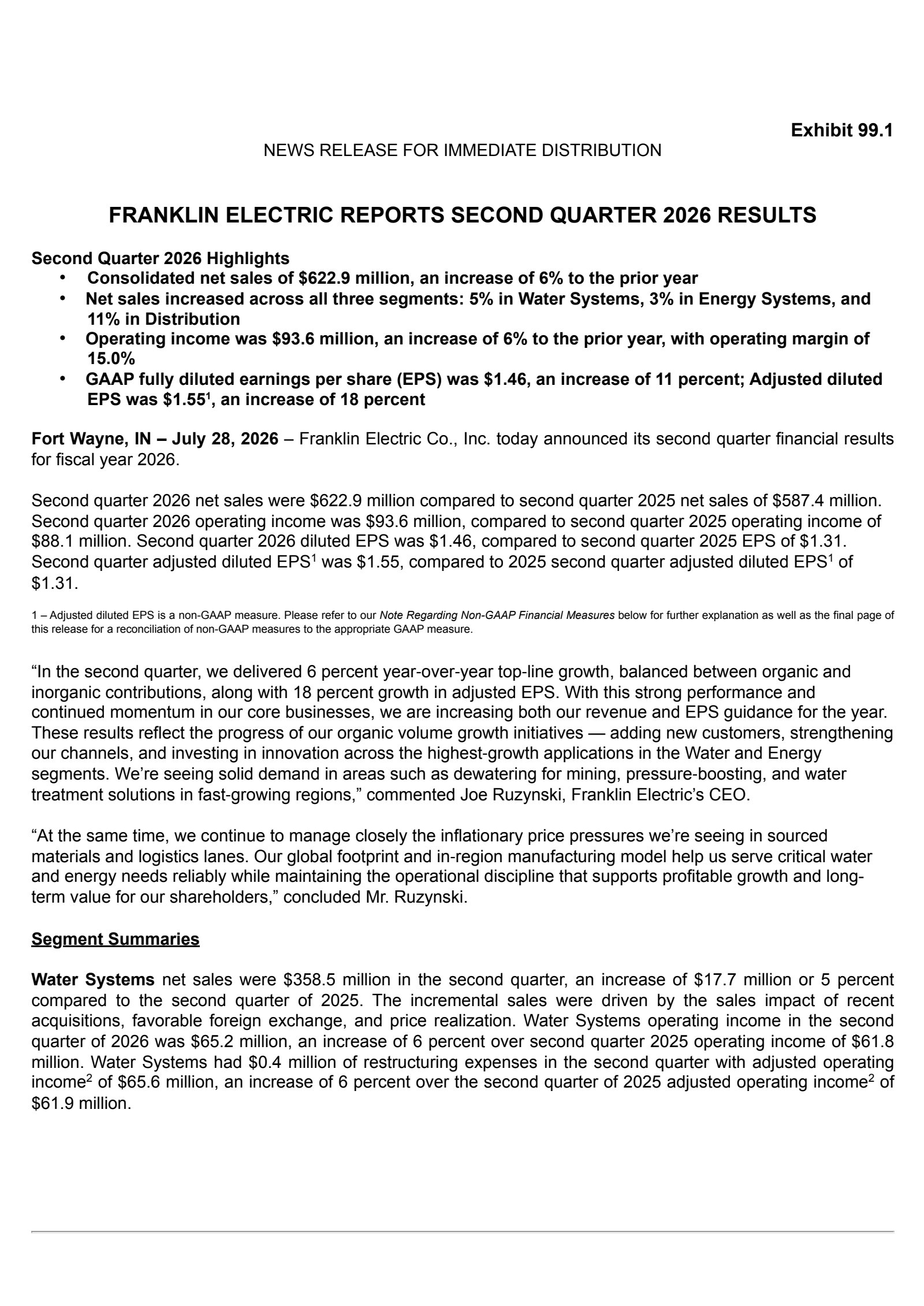 Franklin Electric's Q2 2026 Press Release
