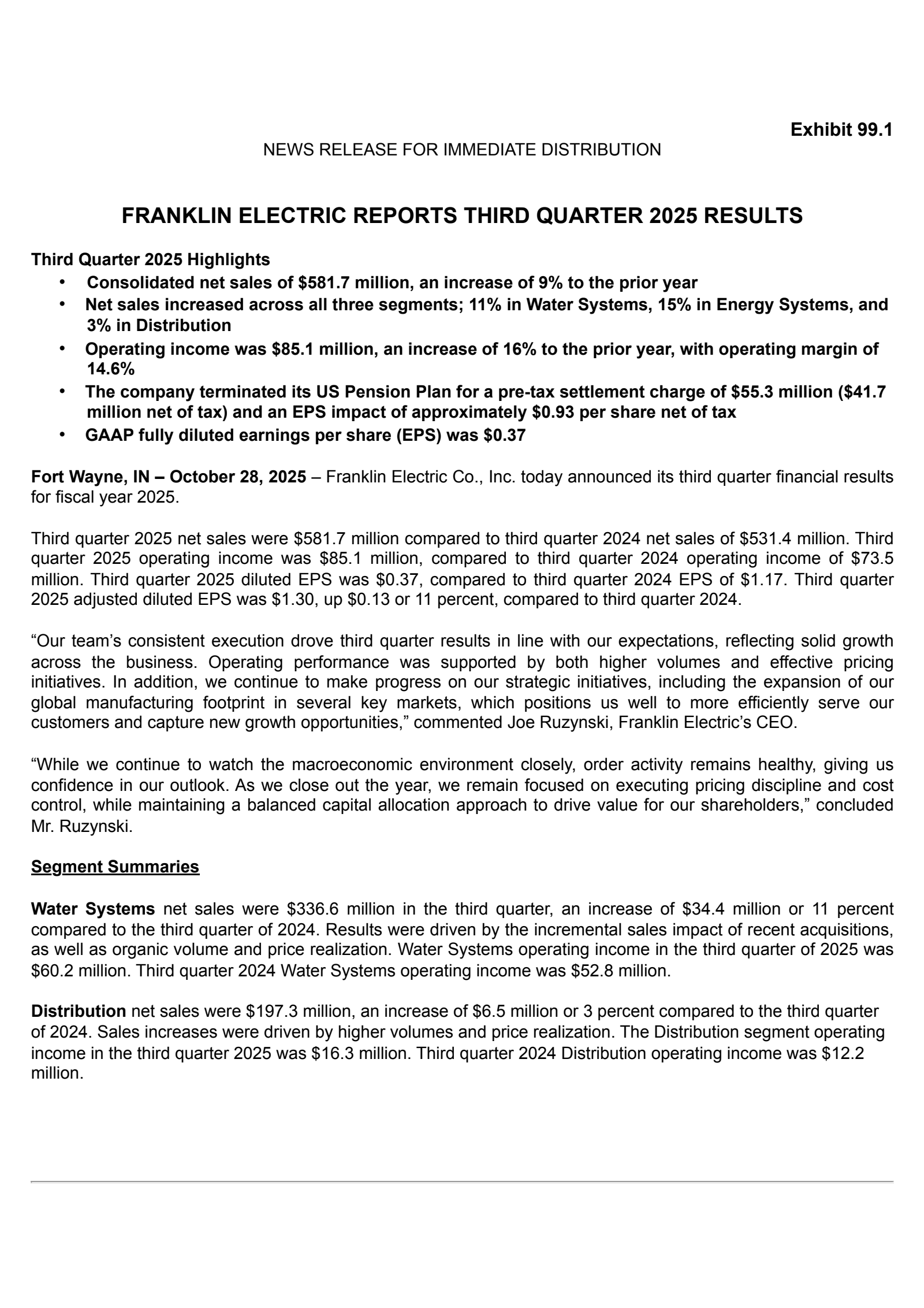 Franklin Electric's Q3 2025 Earnings Release