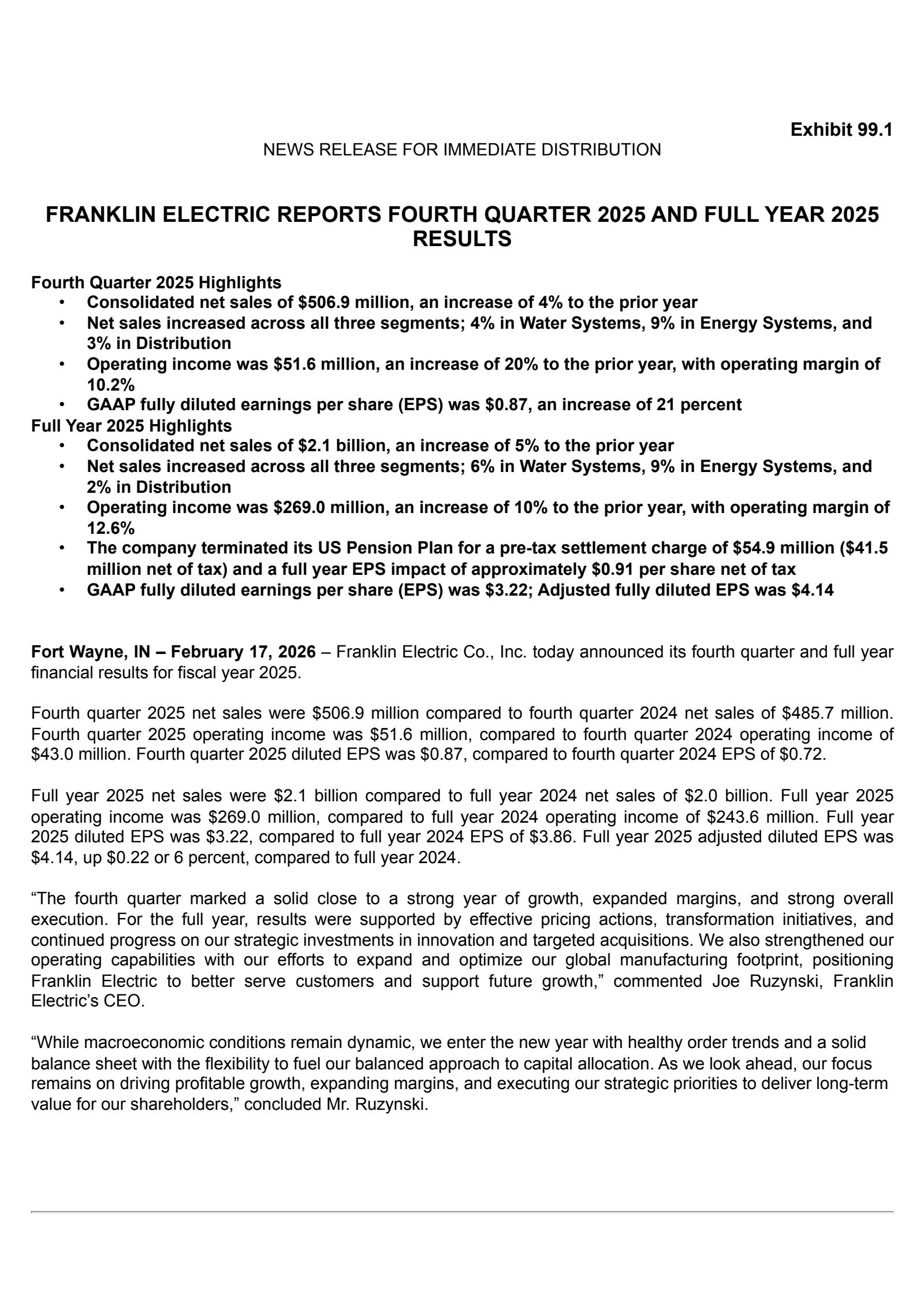 Franklin Electric's Q4 2025 Press Release