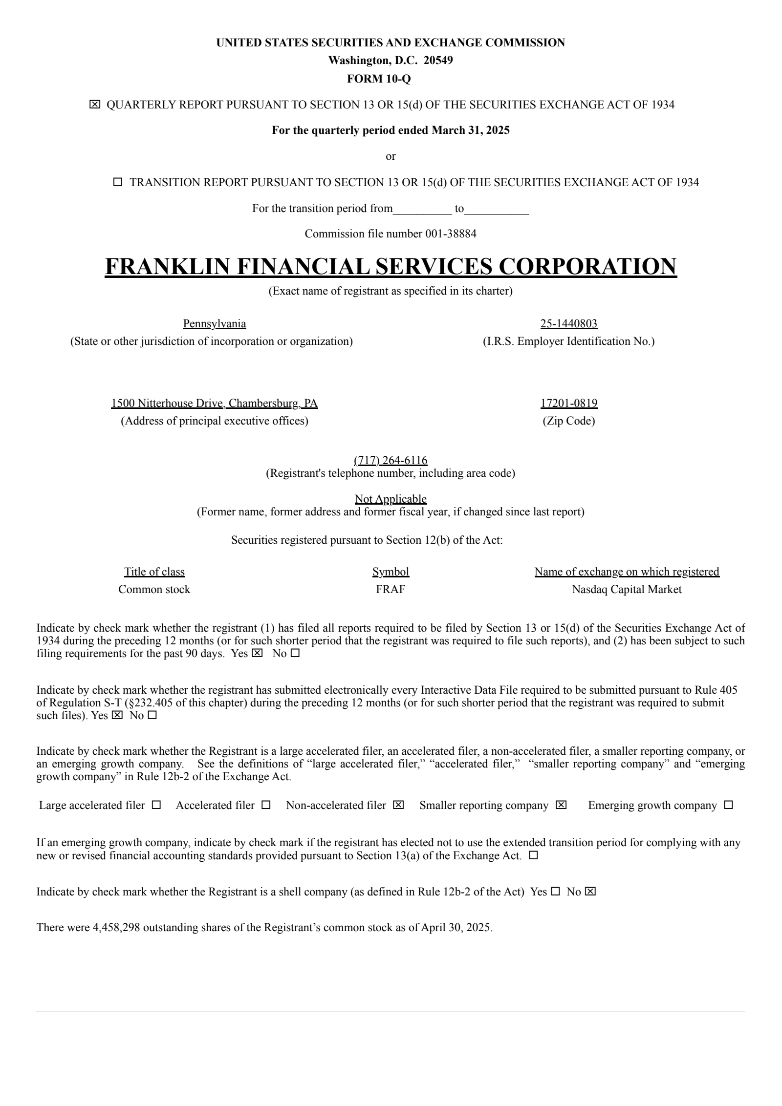 Franklin Financial Services' Q1 2025 Quarterly report