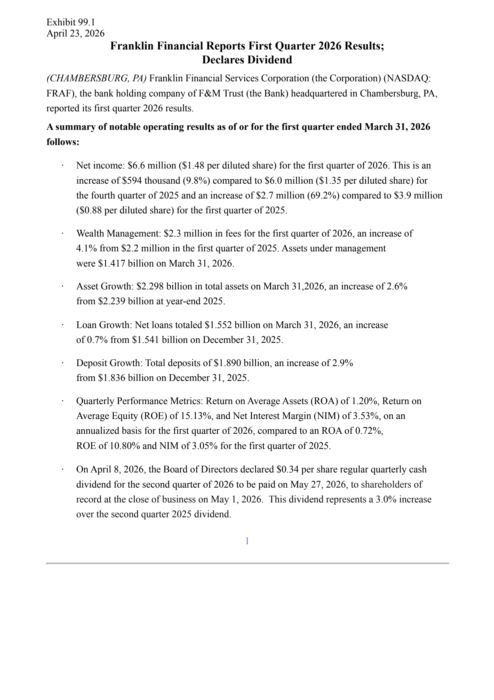 Franklin Financial Services' Q1 2026 Press Release