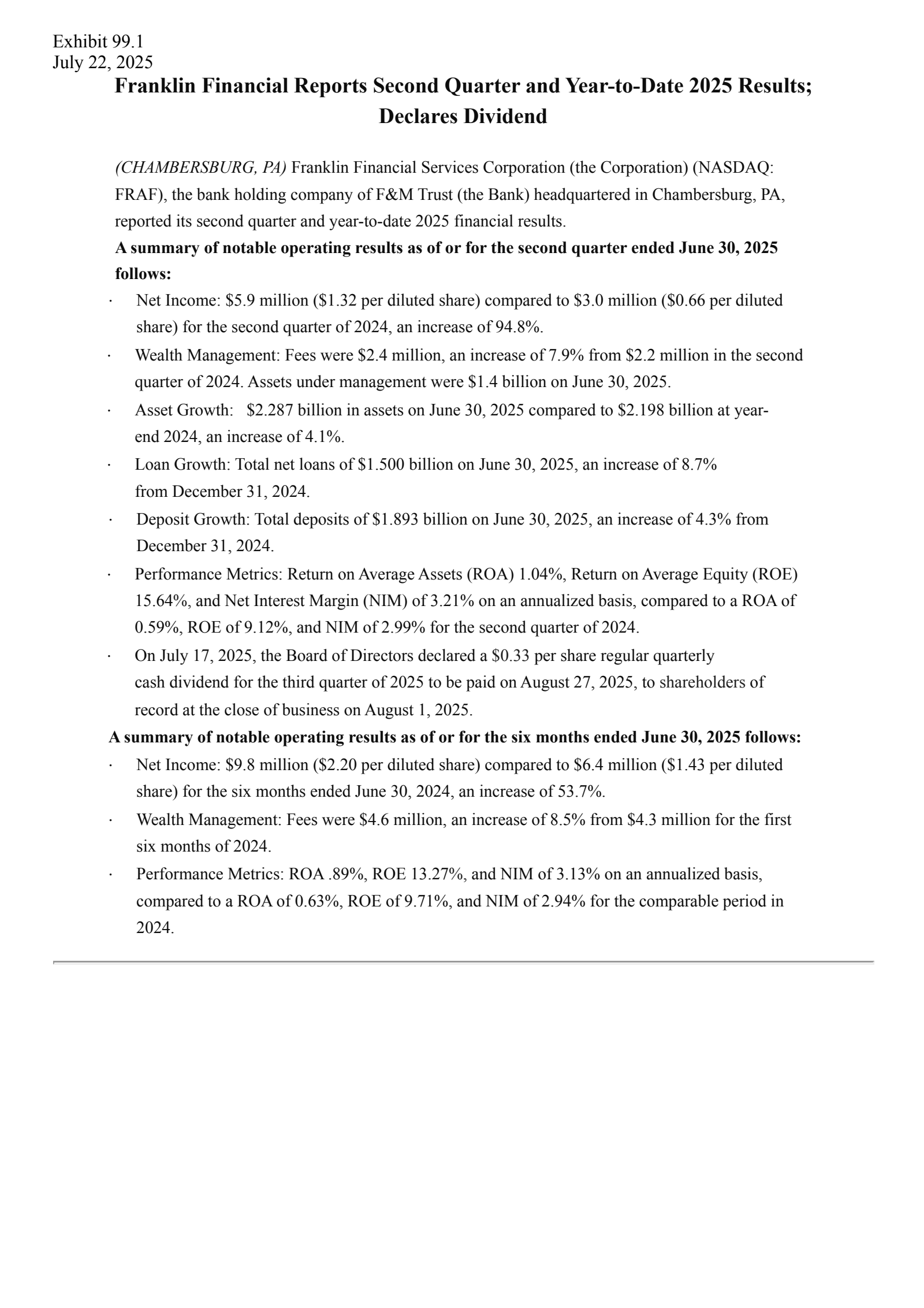 Franklin Financial Services' Q2 2025 Press Release