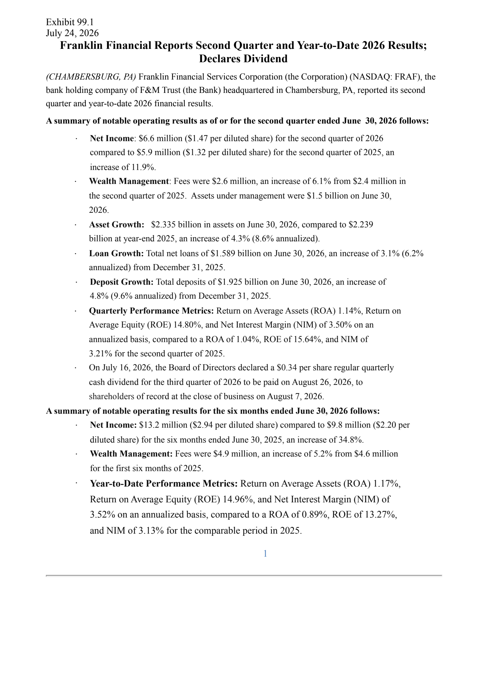 Franklin Financial Services' Q2 2026 Press Release