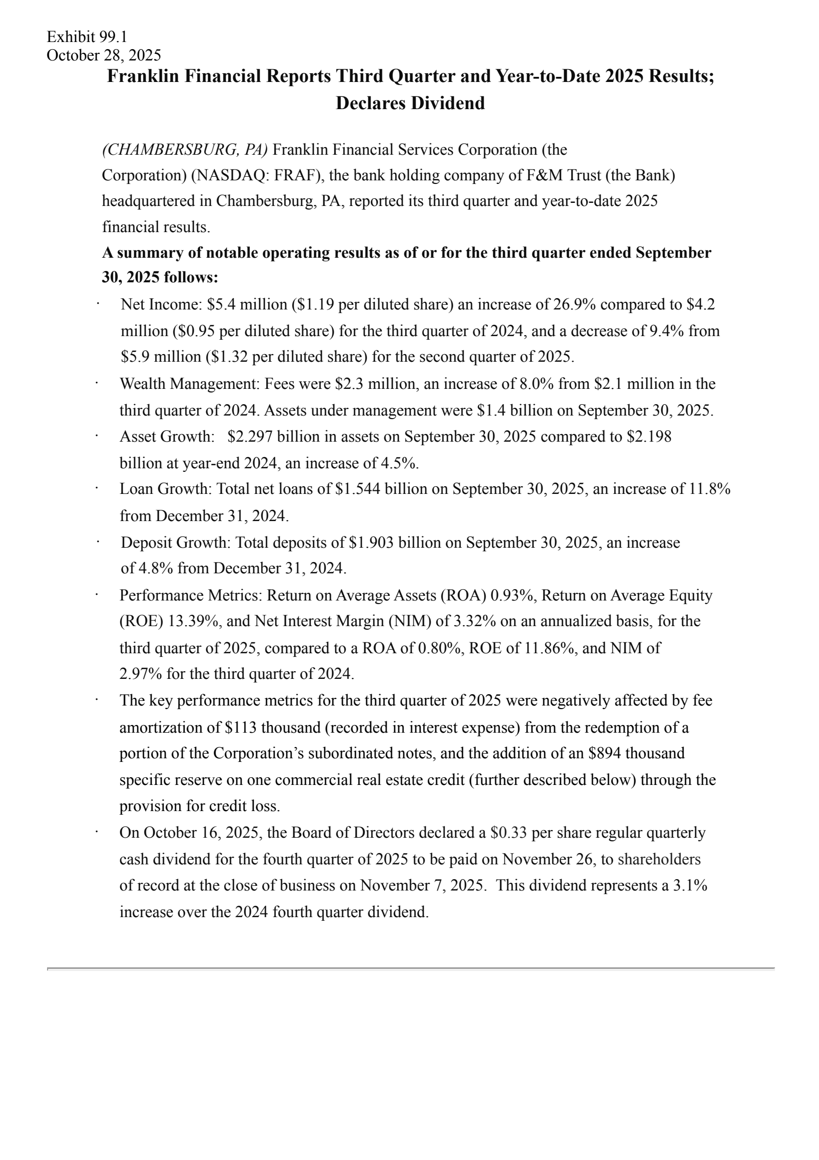 Franklin Financial Services' Q3 2025 Earnings Release