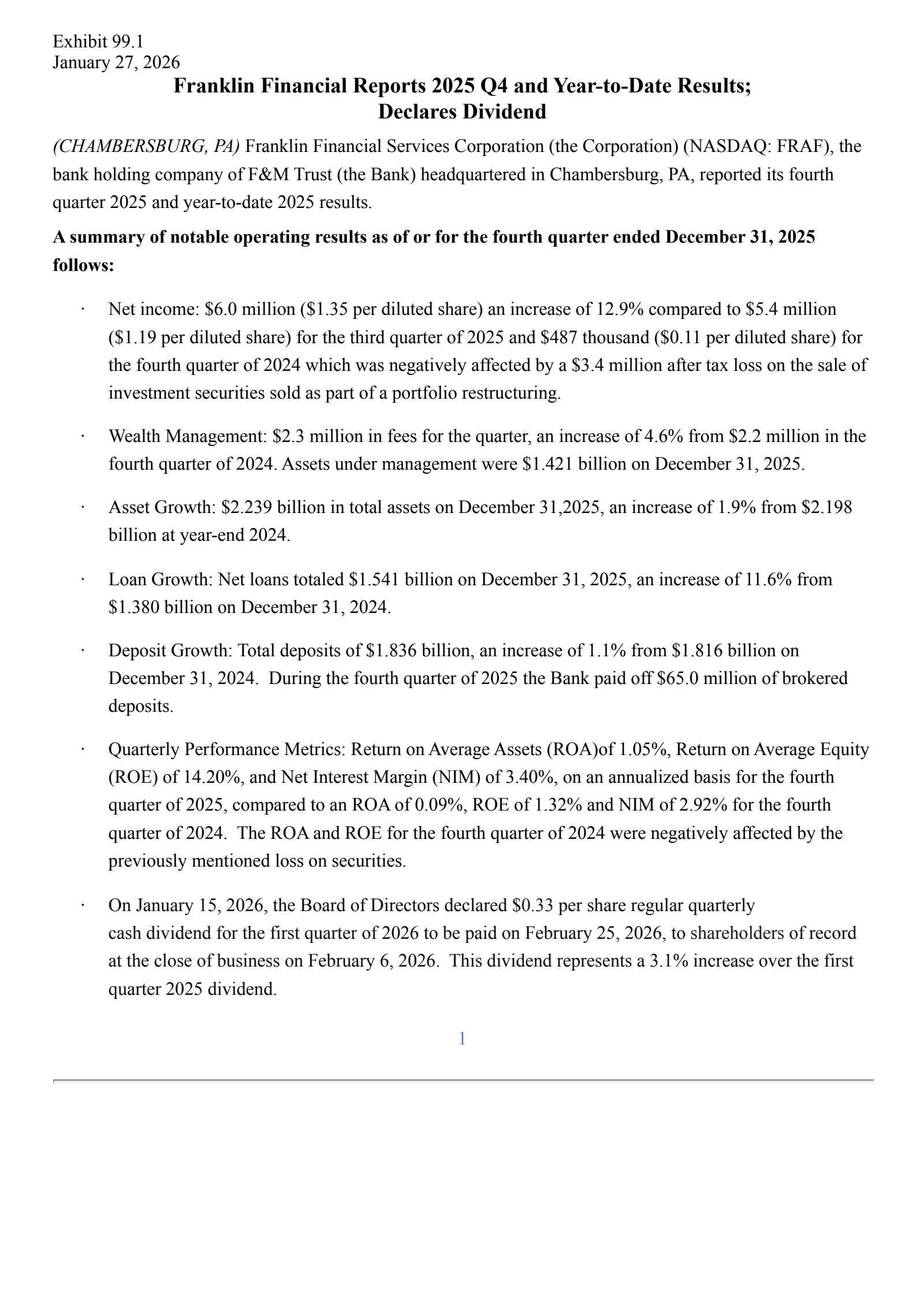 Franklin Financial Services' Q4 2025 Press Release