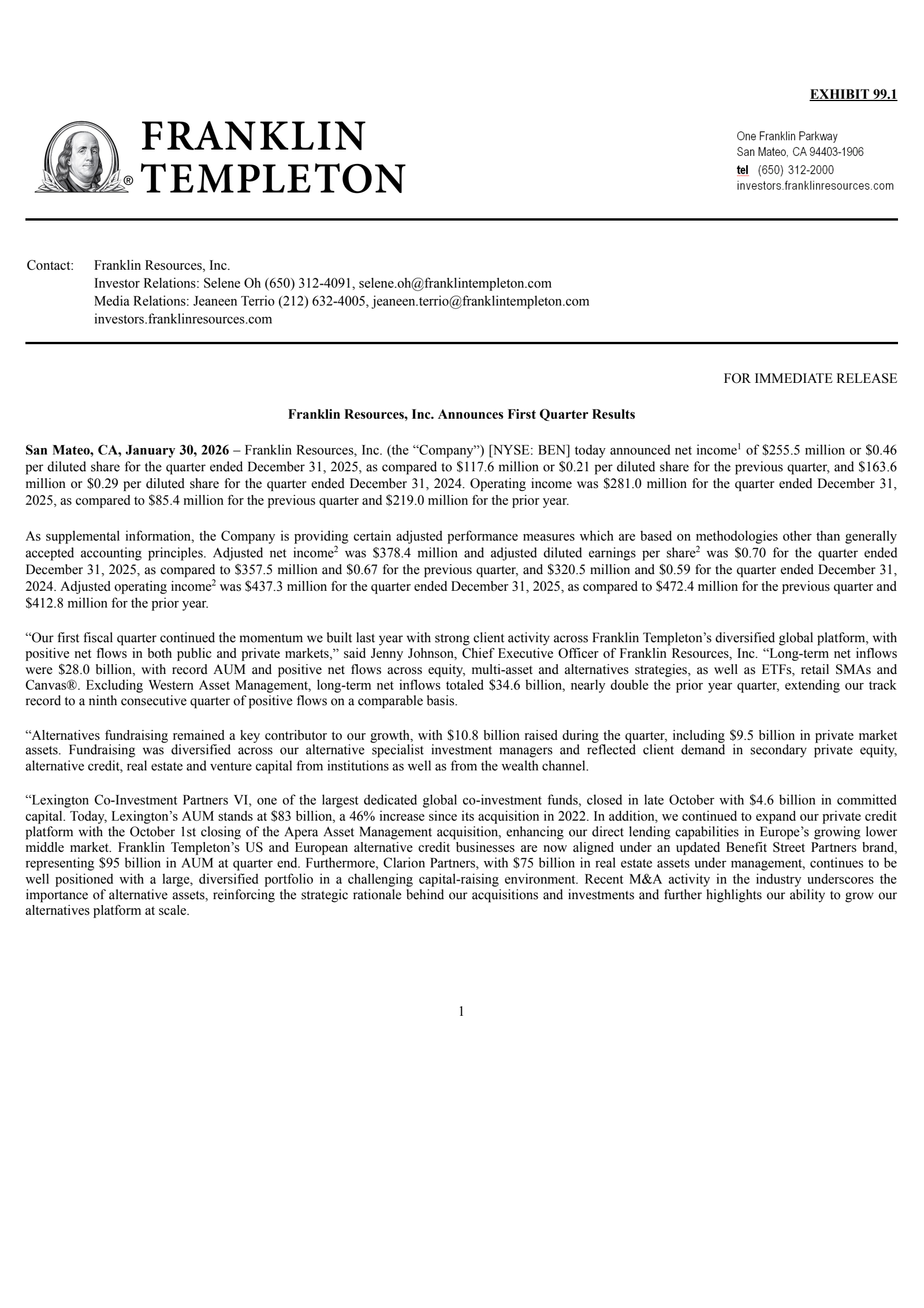 Franklin Resources' Q1 2026 Press Release