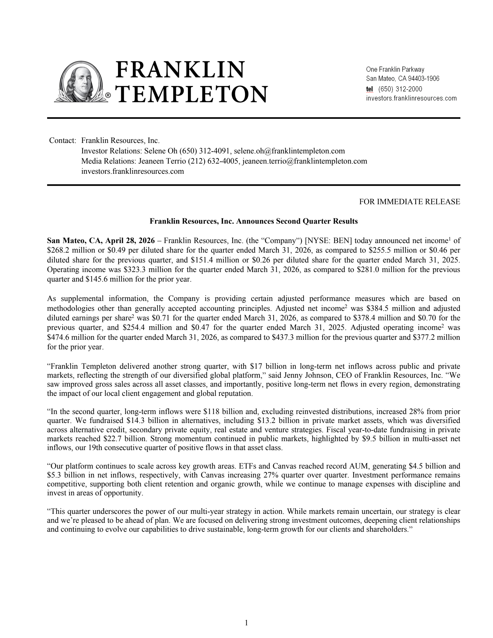 Franklin Resources' Q2 2026 Press Release