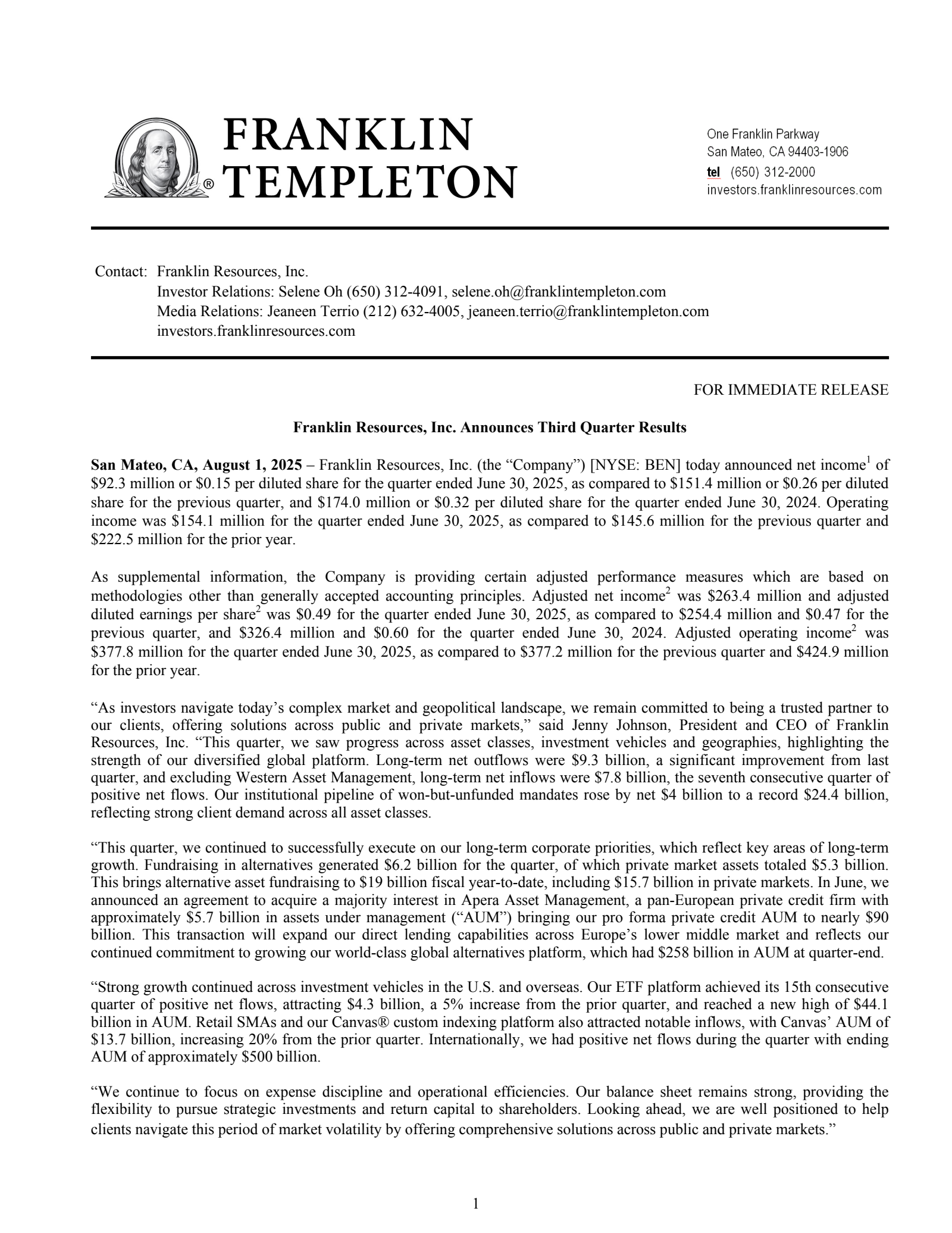 Franklin Resources' Q3 2025 Press Release