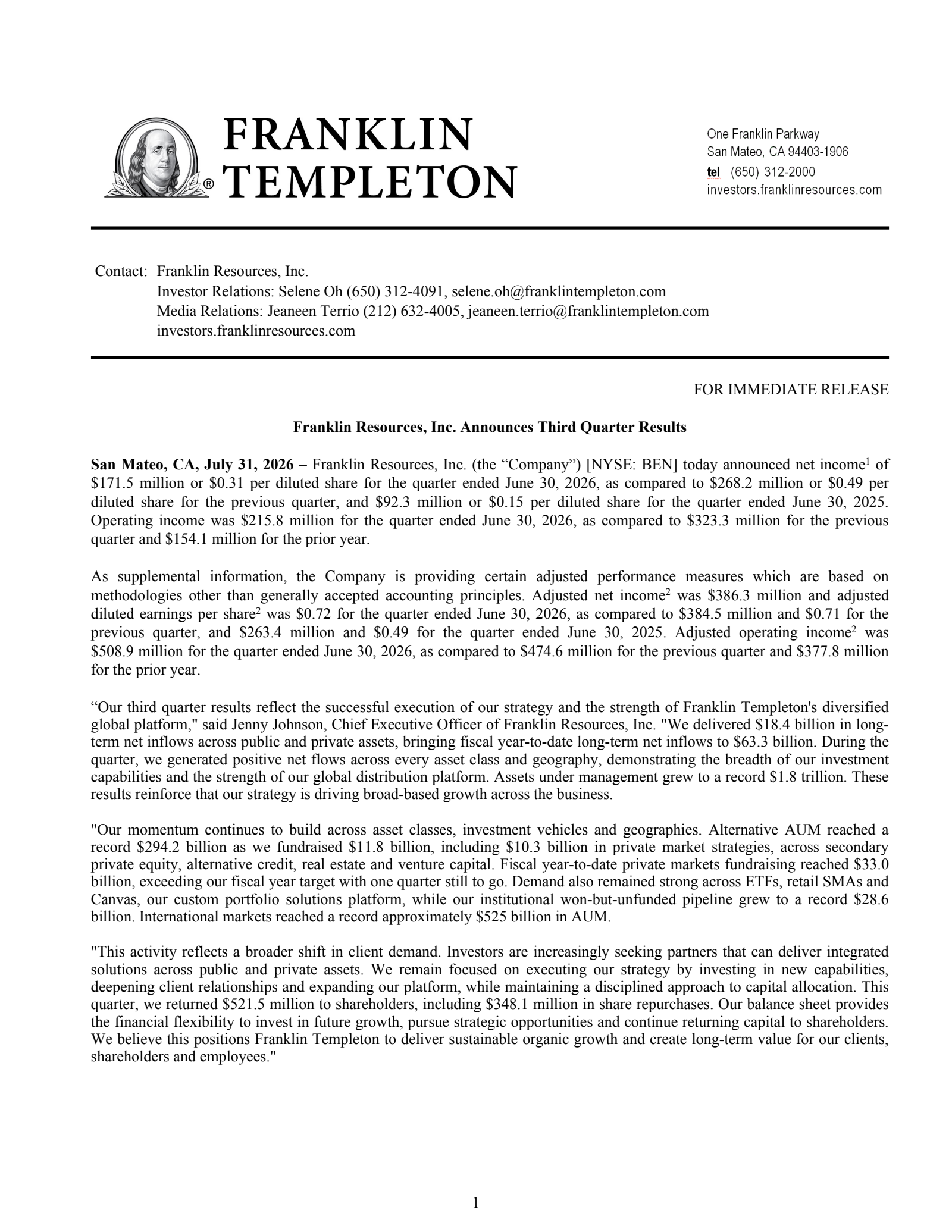 Franklin Resources' Q3 2026 Press Release