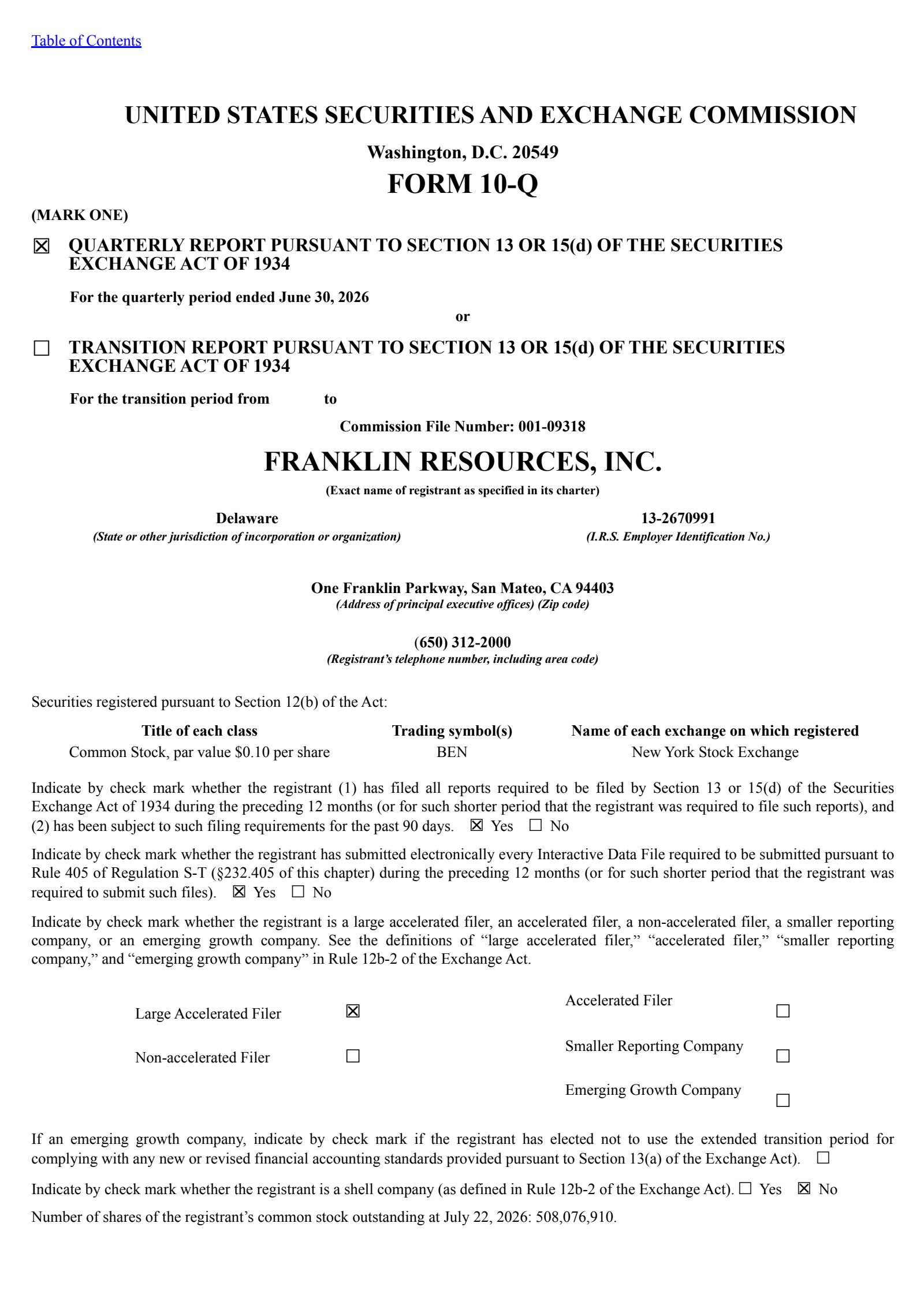 Franklin Resources' Q3 2026 Quarterly report