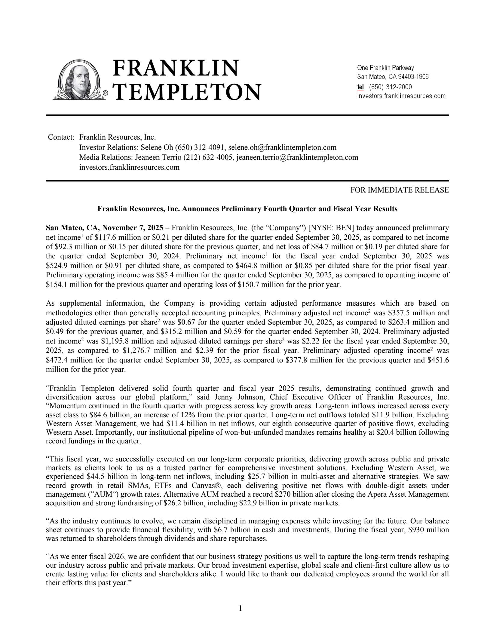 Franklin Resources' Q4 2025 Earnings Release