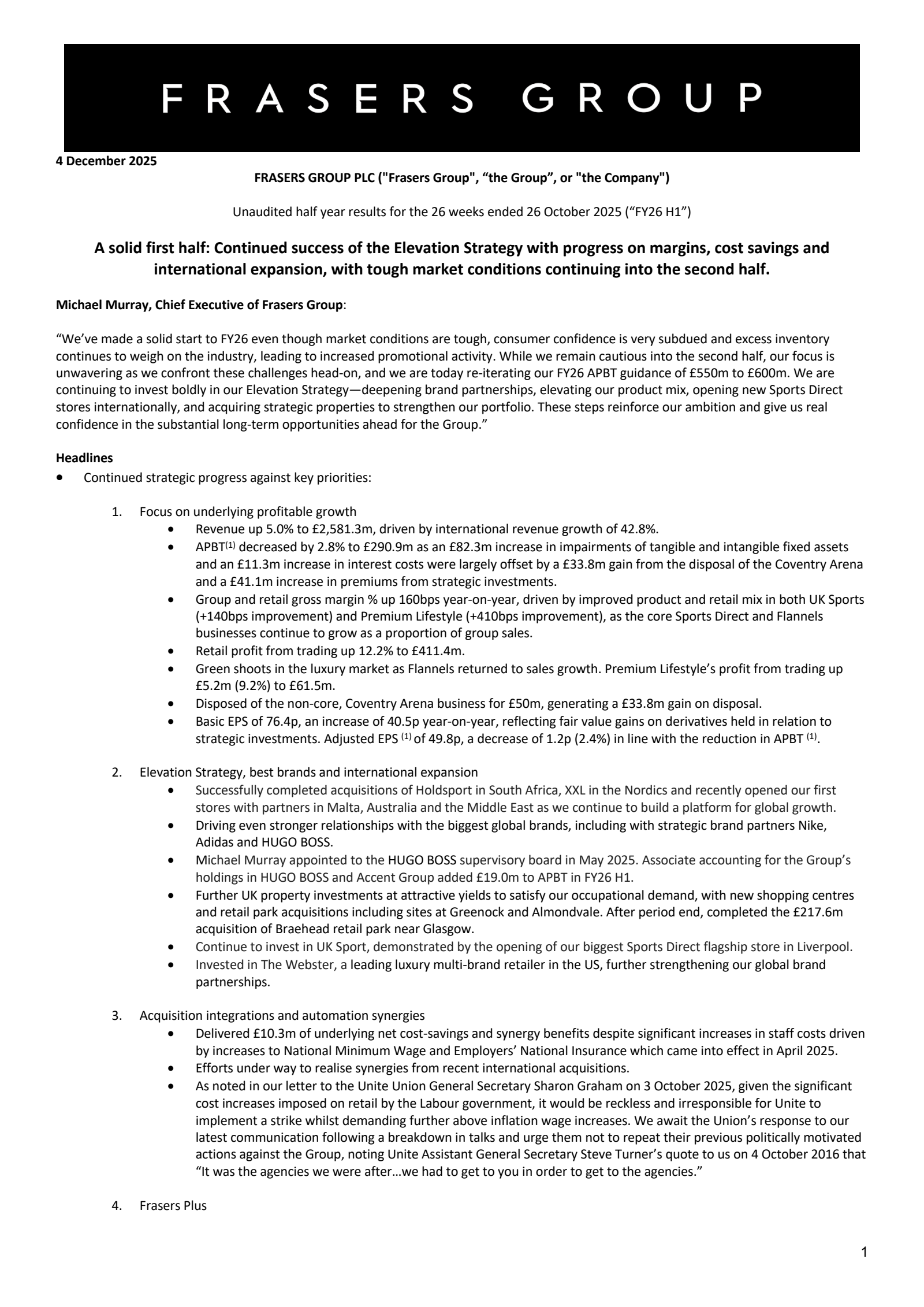Frasers Group's H1 2026 Interim Report
