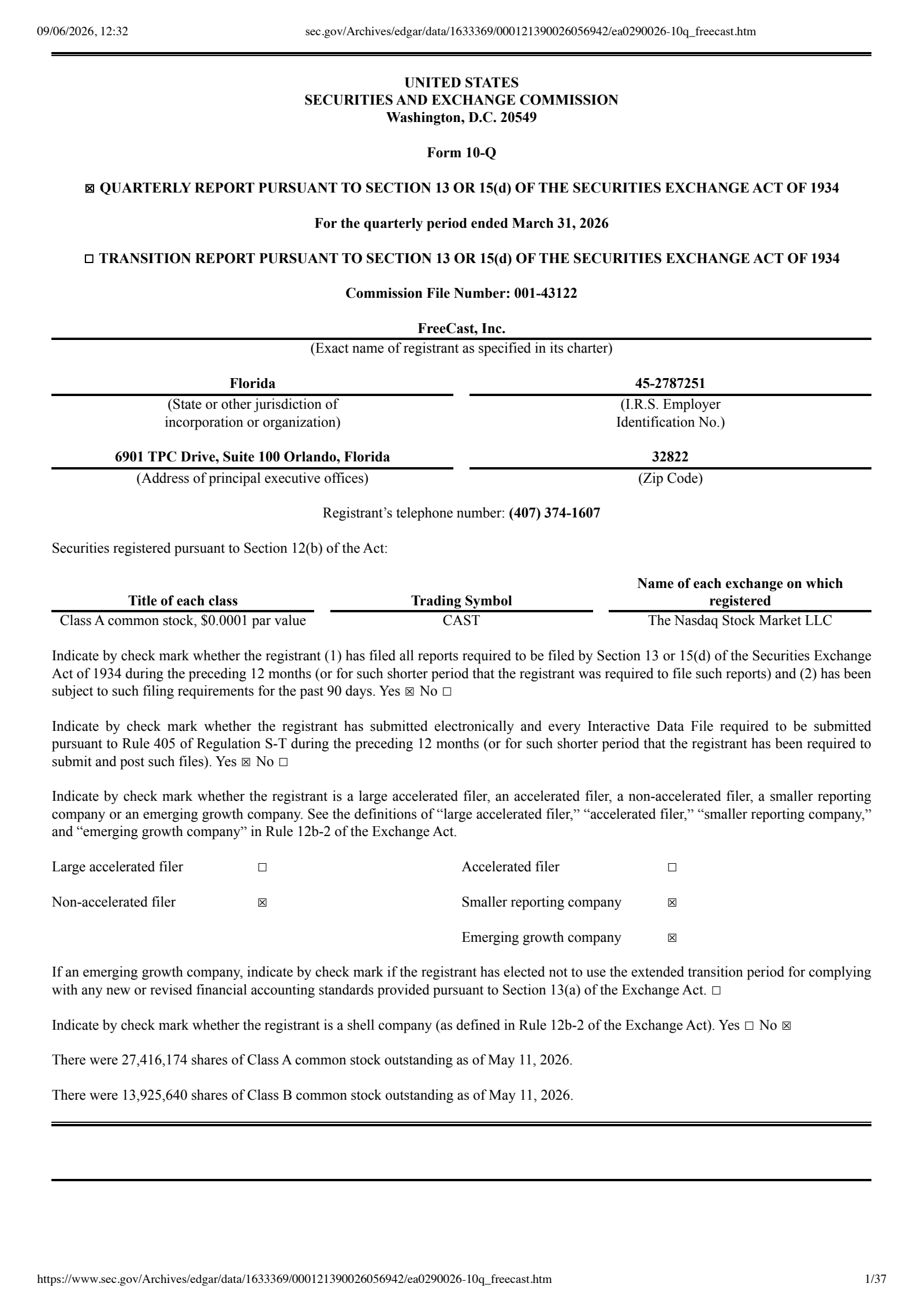 FreeCast (Direct Listing)'s Q1 2026 Quarterly report