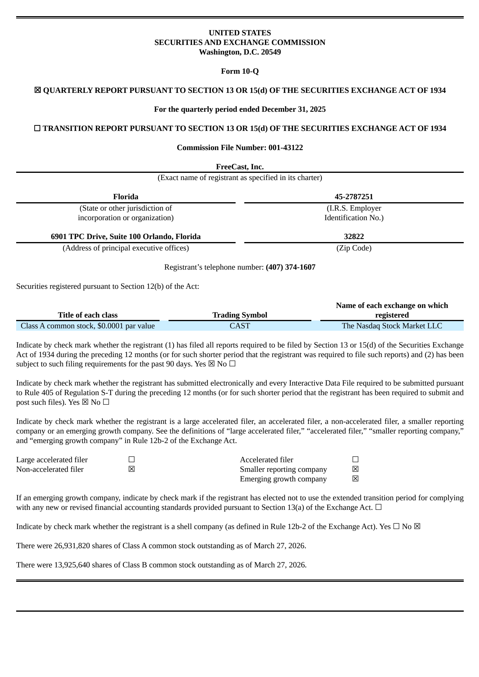FreeCast (Direct Listing)'s Q2 2026 Quarterly report