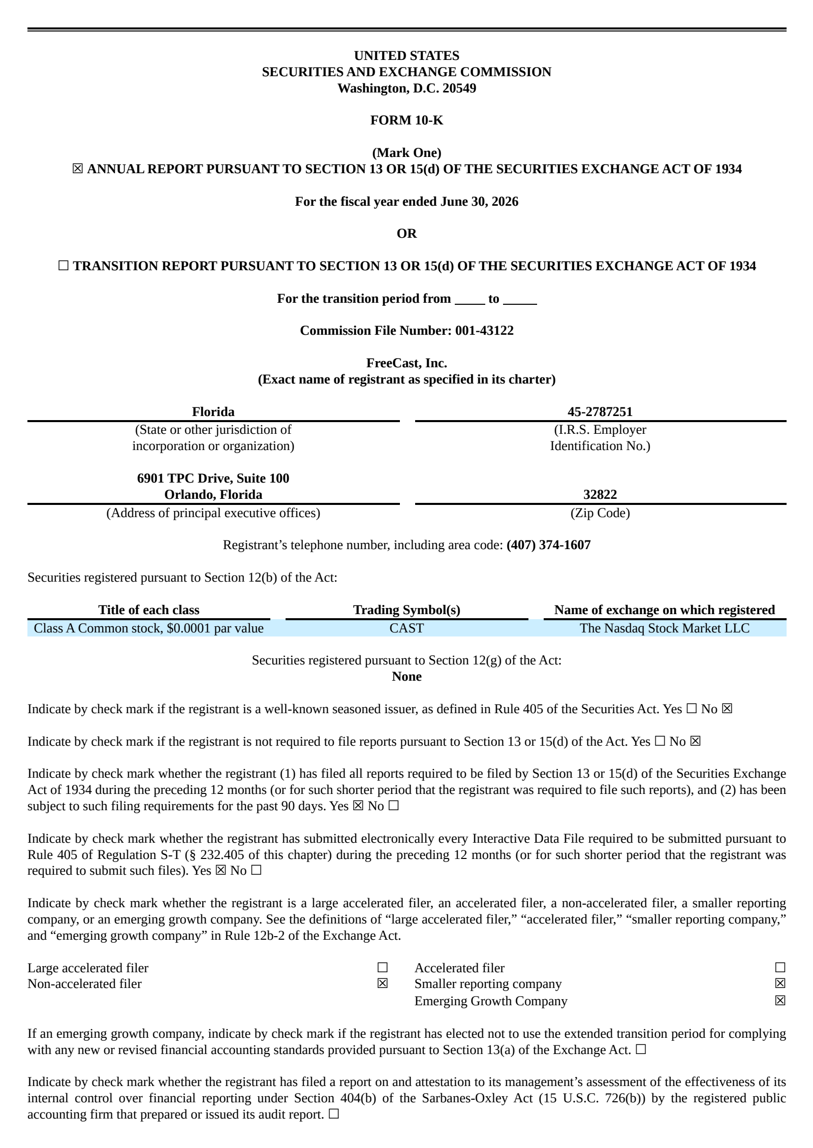FreeCast (Direct Listing)'s Q4 2026 Annual report