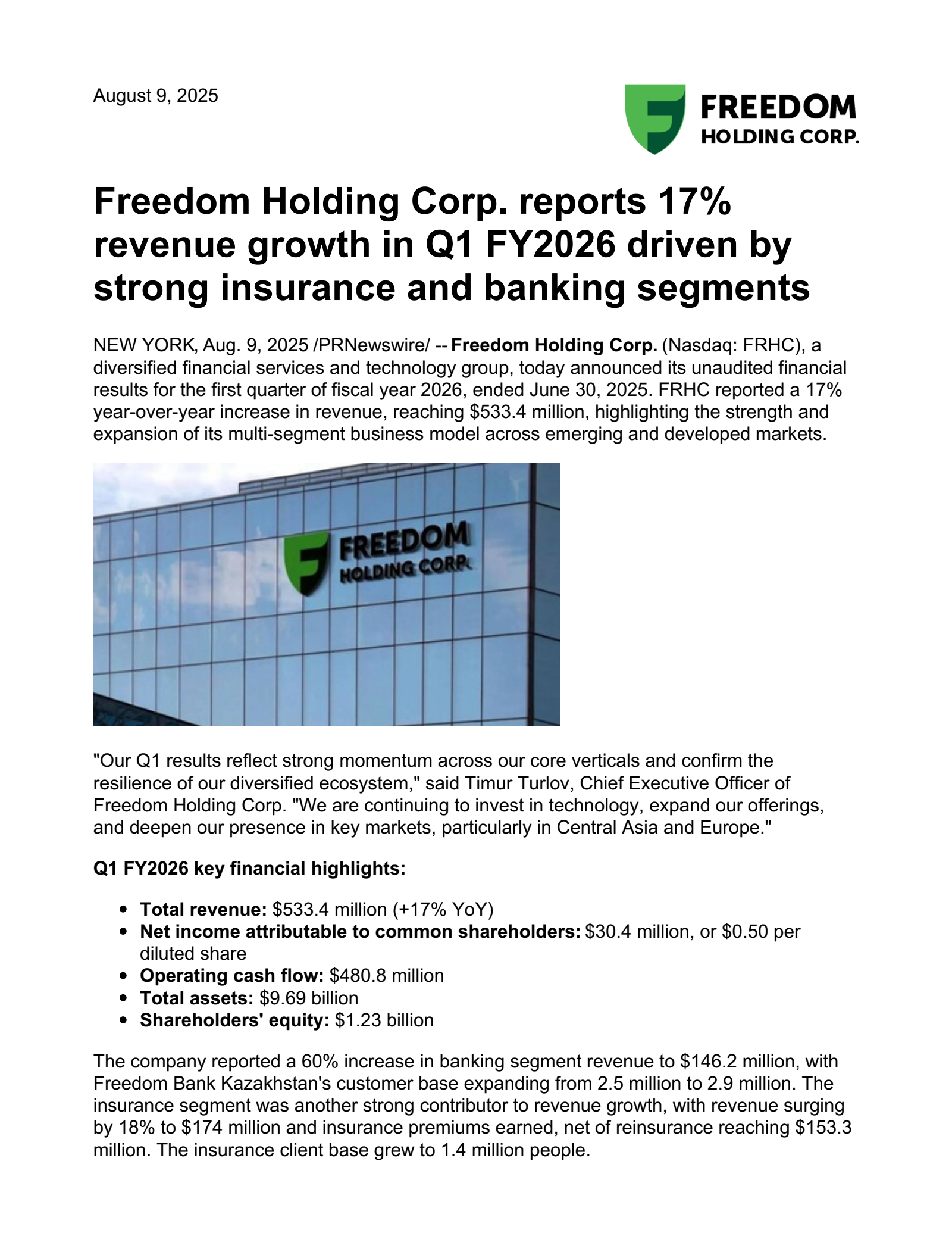 Freedom's Q1 2026 Press Release