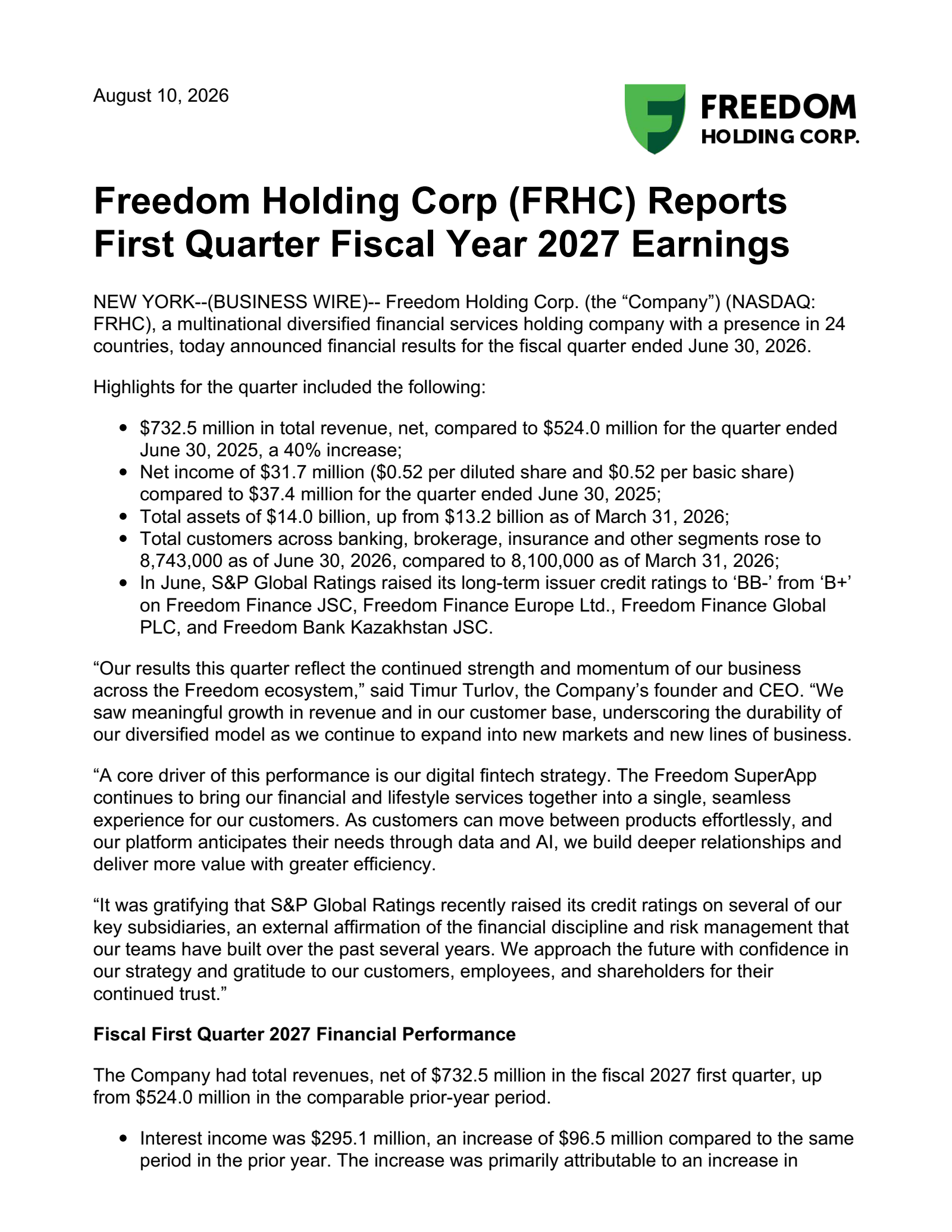 Freedom's Q1 2027 Press Release