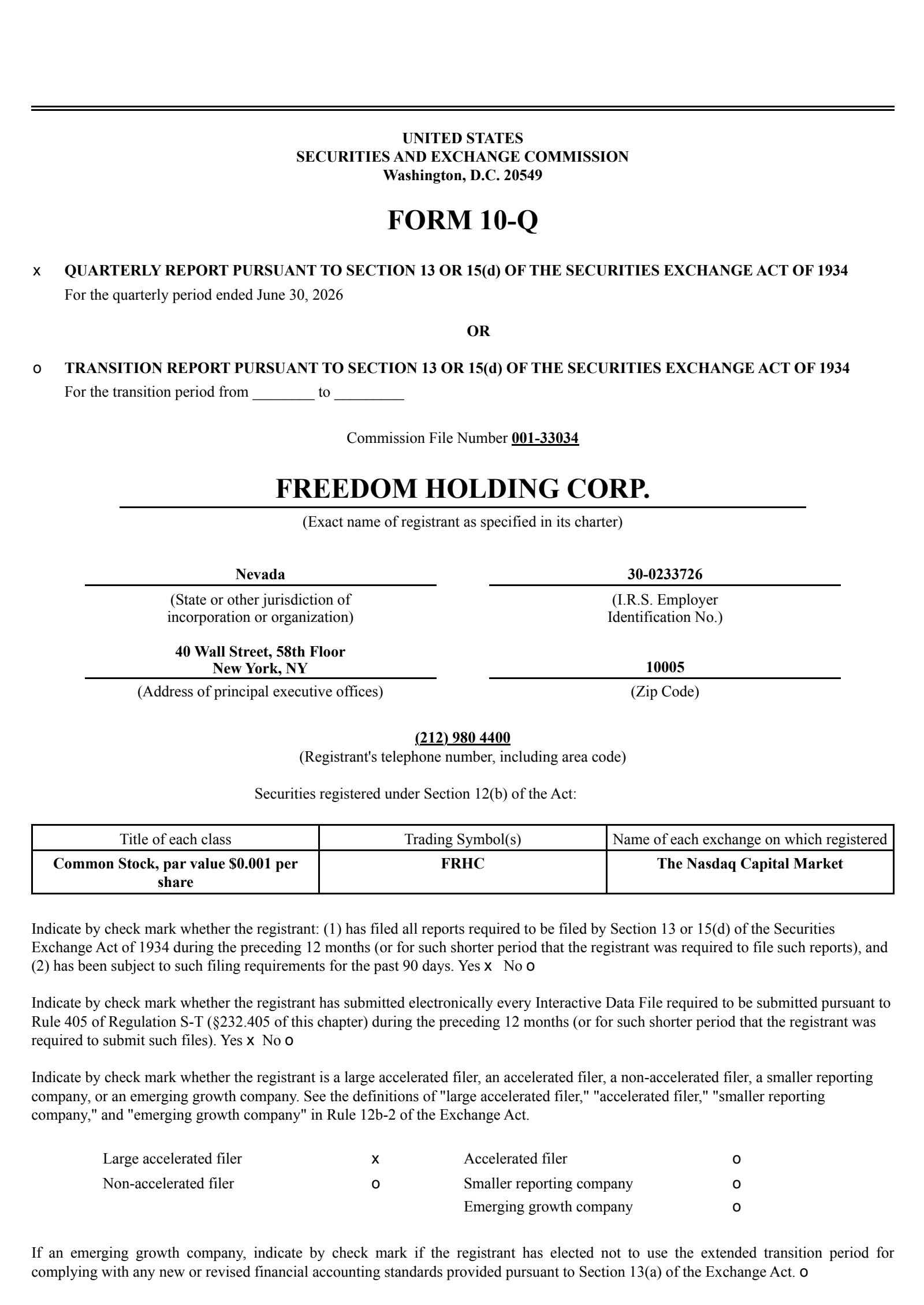 Freedom's Q1 2027 Quarterly report