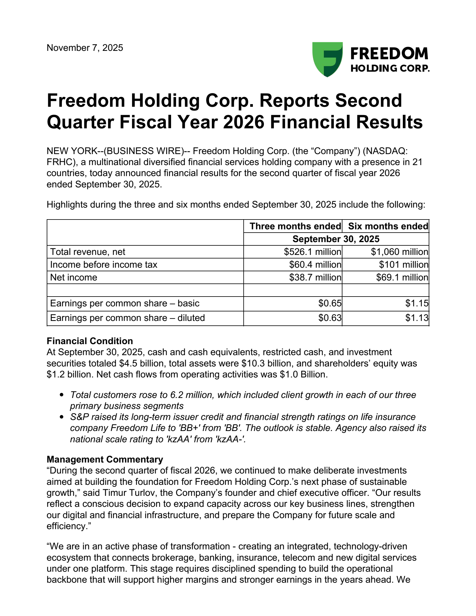 Freedom's Q2 2026 Earnings Release