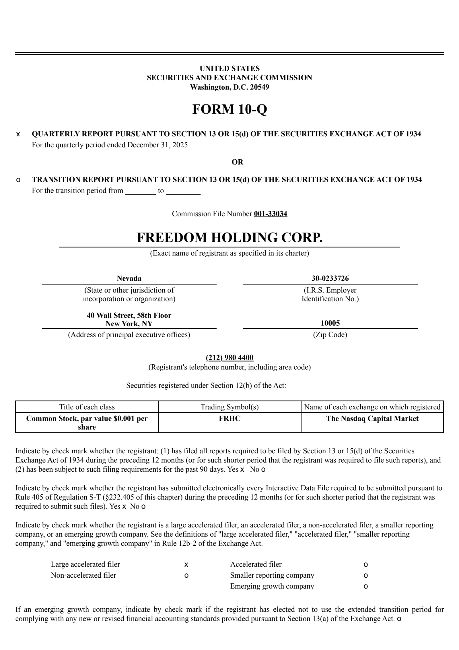 Freedom's Q3 2026 Quarterly report