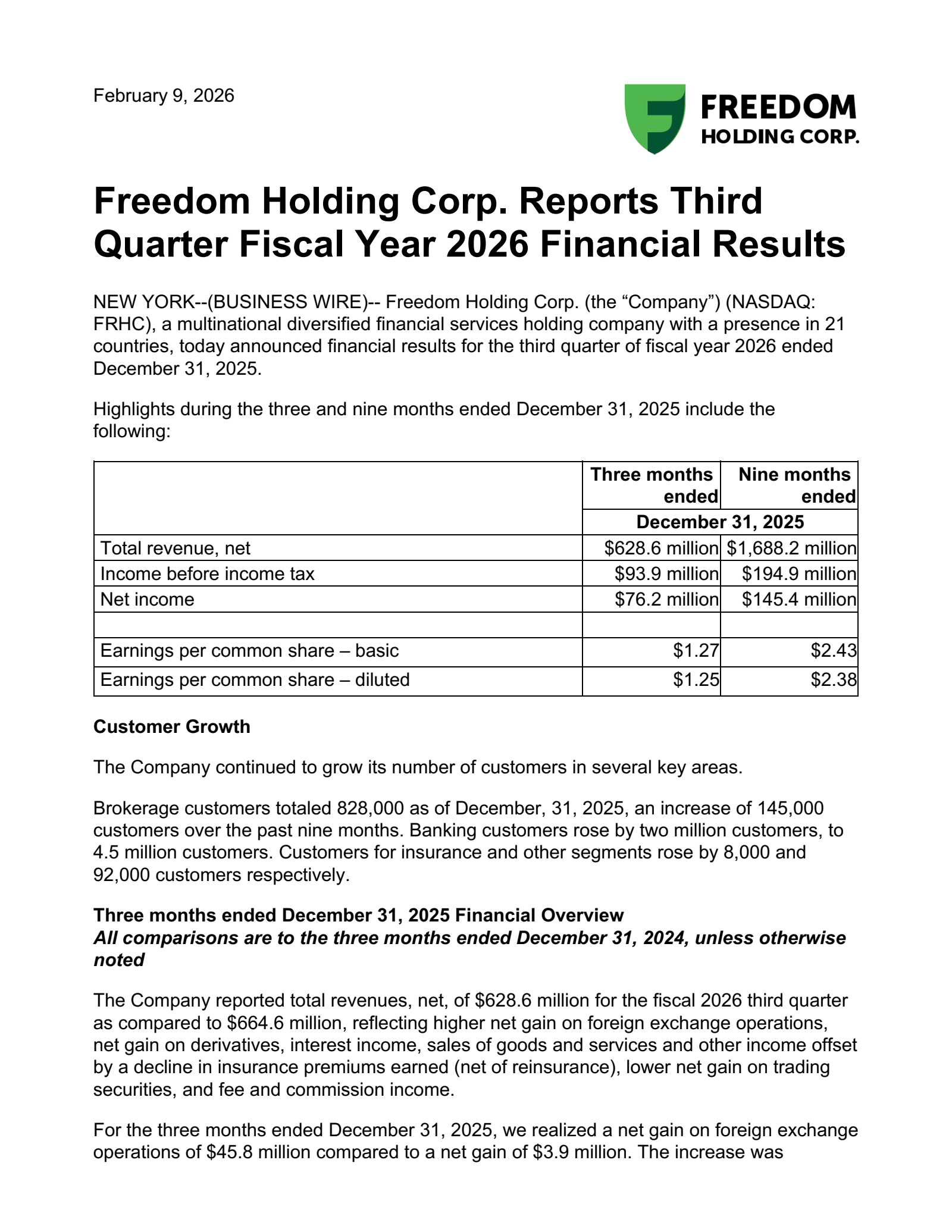 Freedom's Q3 2026 Press Release
