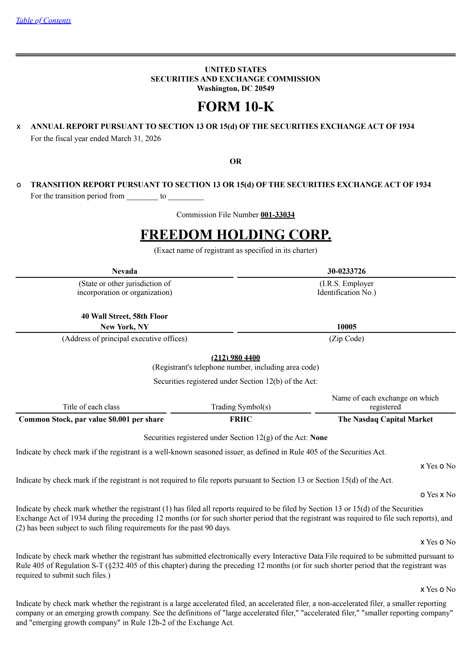 Freedom's Q4 2026 Annual report