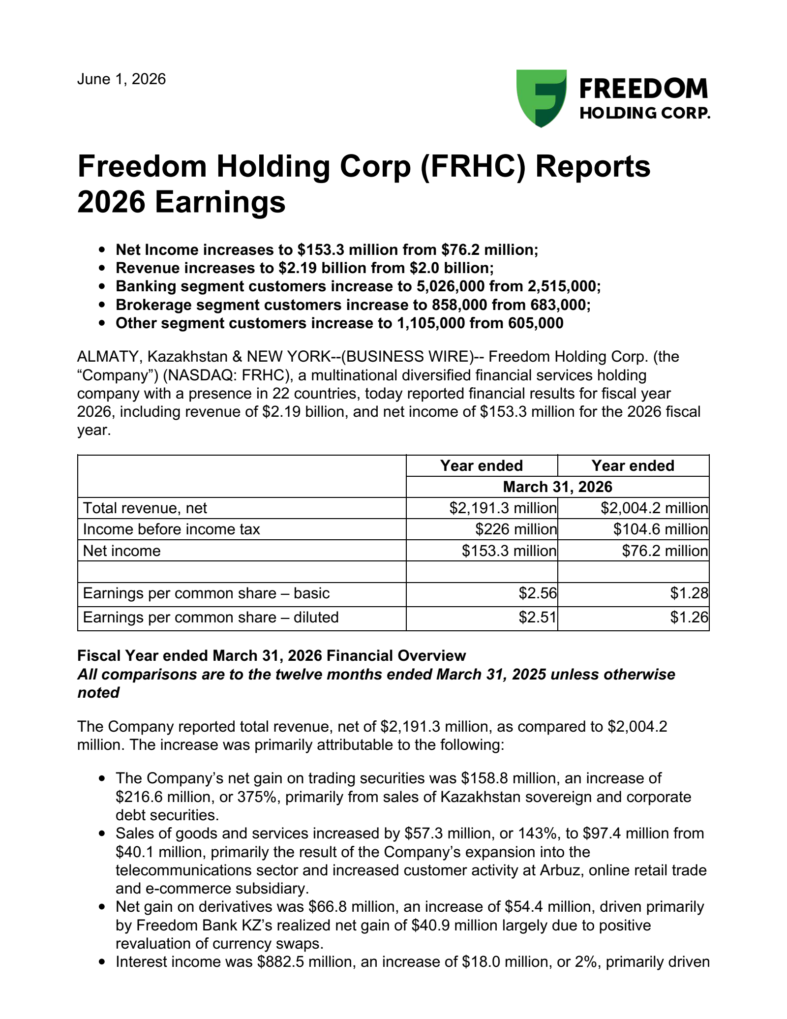 Freedom's Q4 2026 Press Release