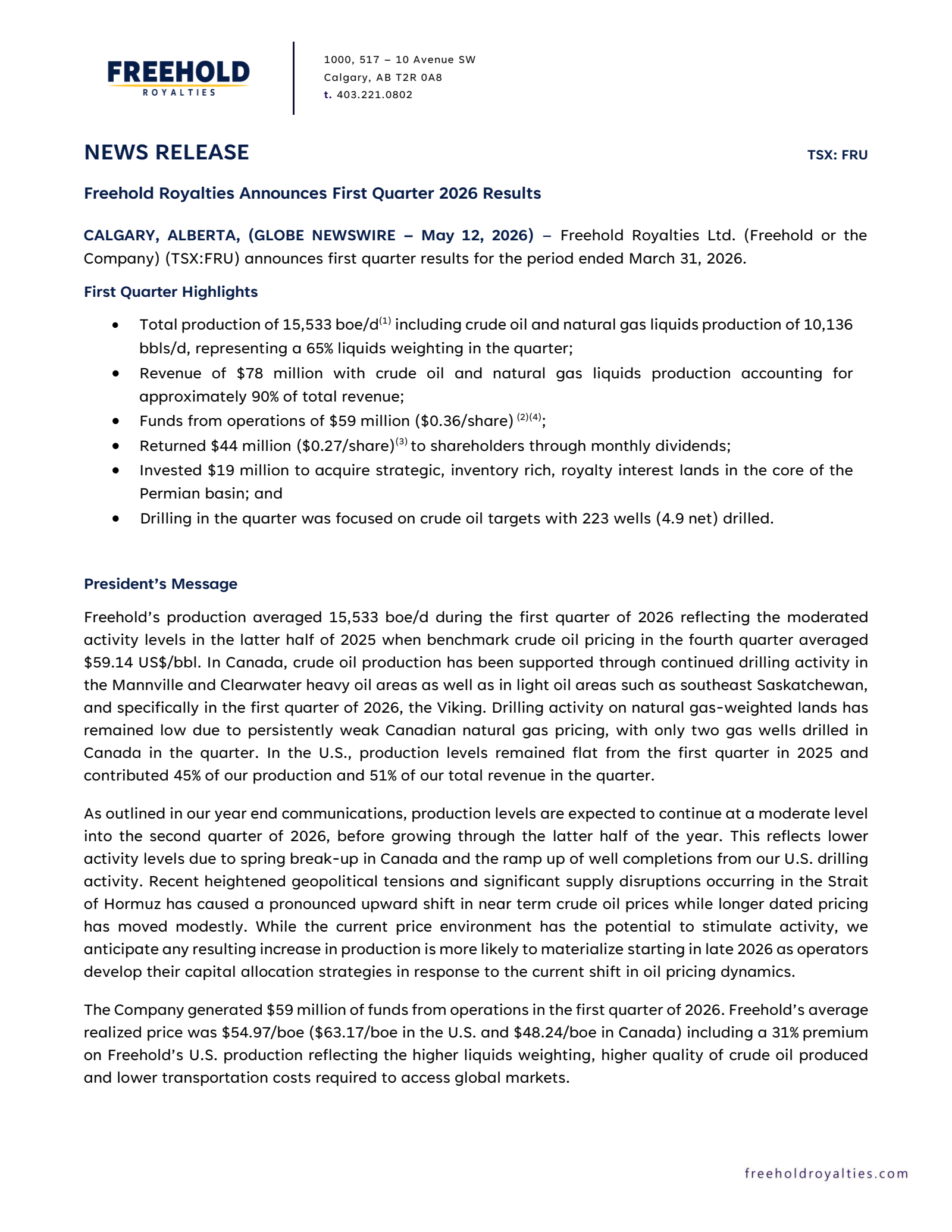 Freehold Royalties' Q1 2026 Press Release