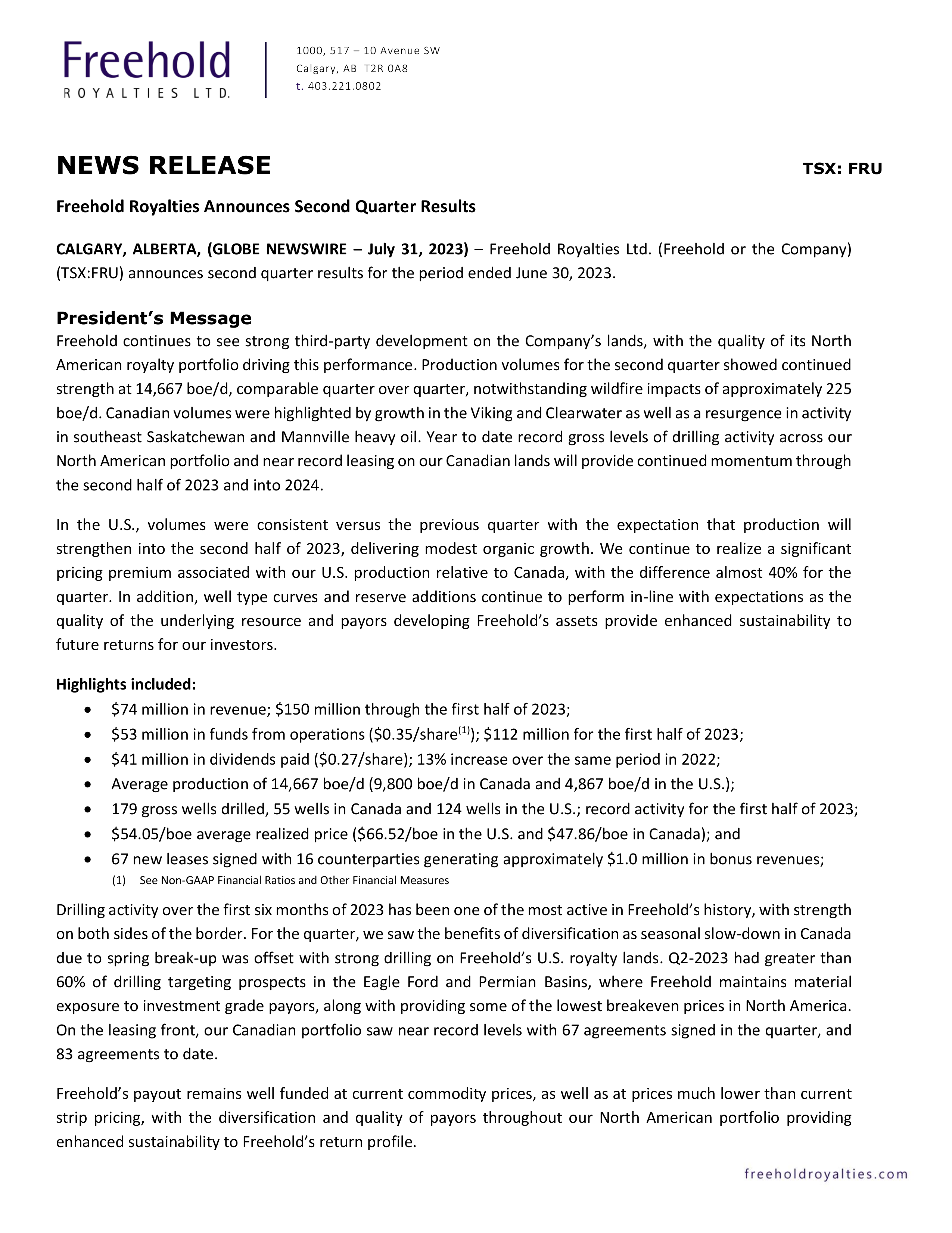Freehold Royalties' Q2 2023 Interim report