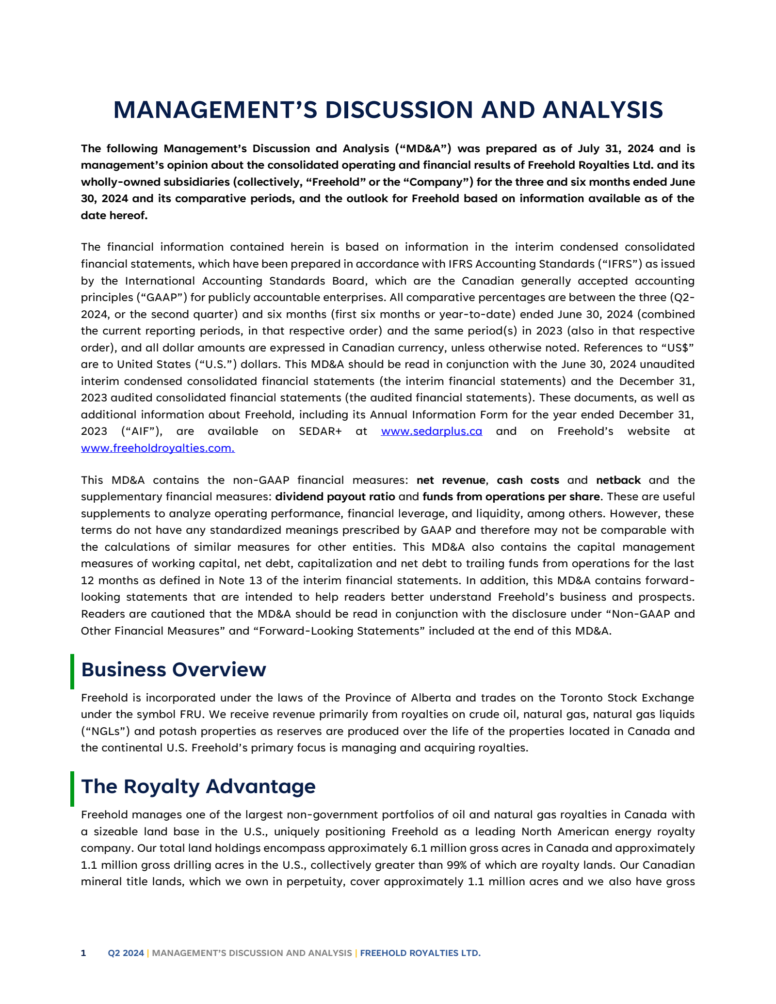 Freehold Royalties' Q2 2024 Interim report