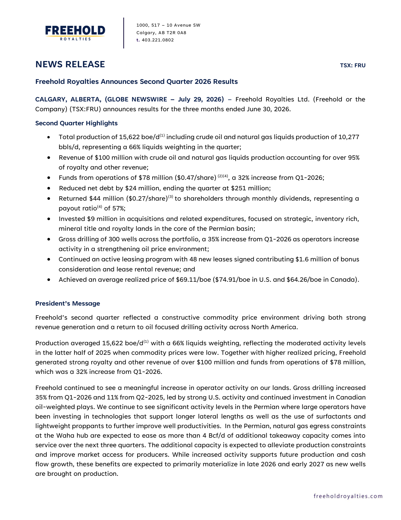 Freehold Royalties' Q2 2026 Press Release