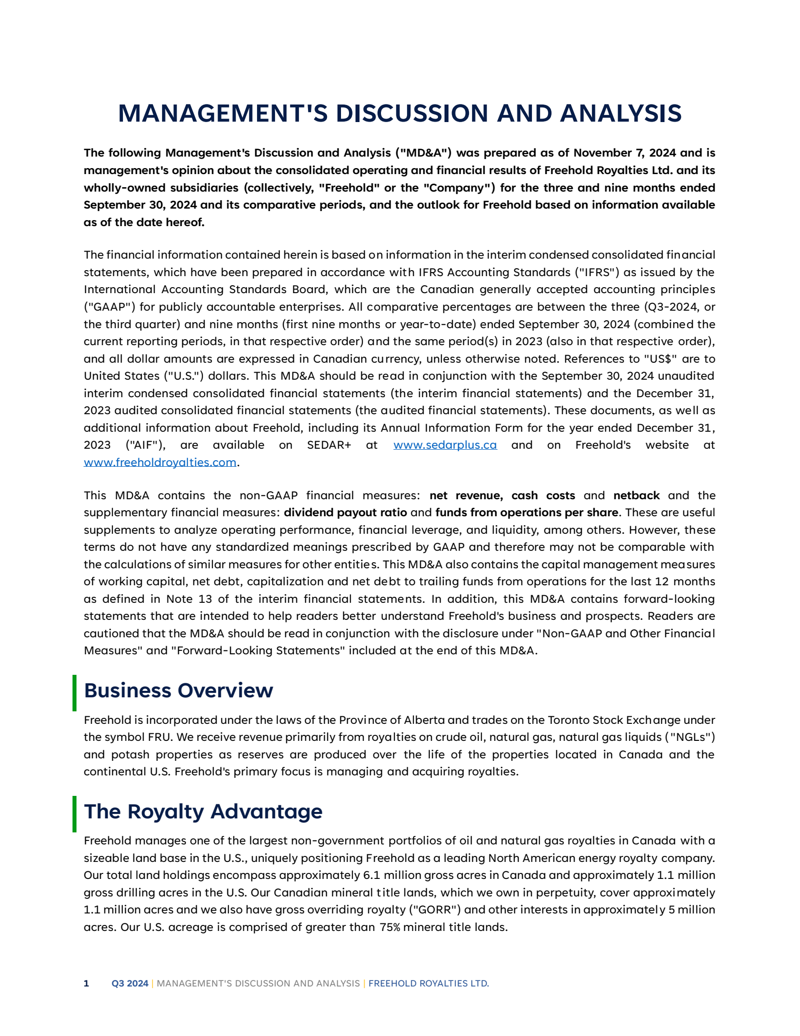 Freehold Royalties' Q3 2024 Interim report