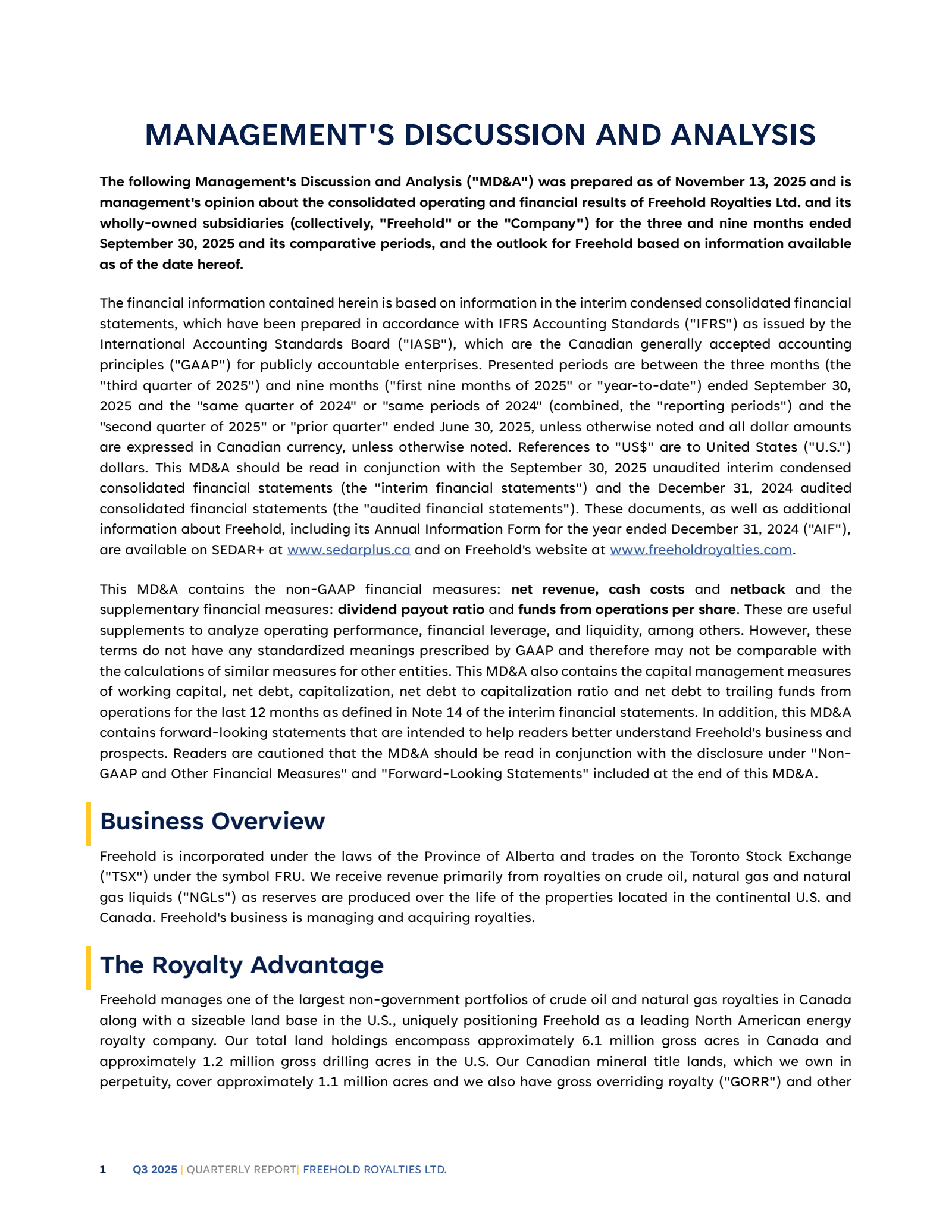 Freehold Royalties' Q3 2025 Interim report