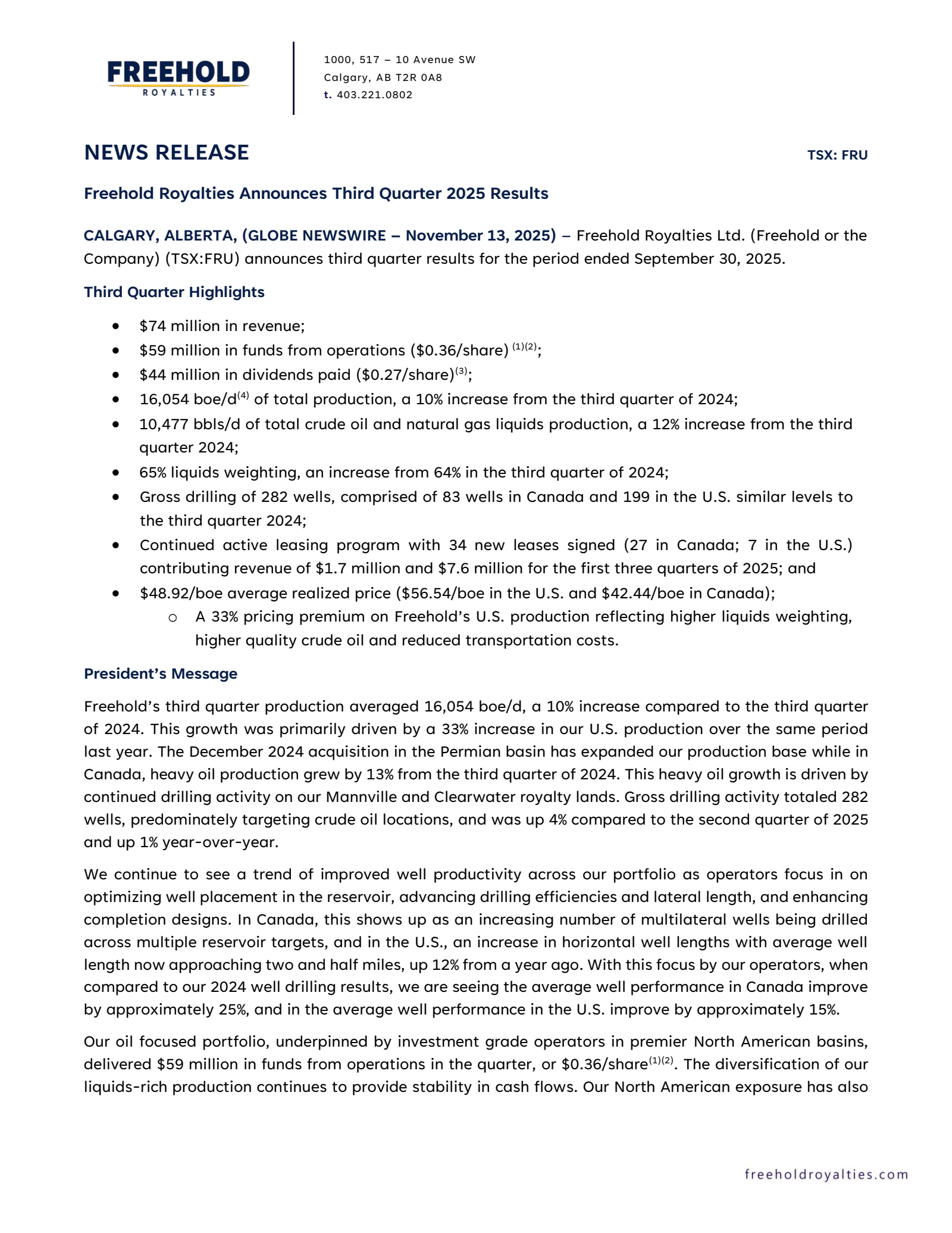 Freehold Royalties' Q3 2025 Earnings Release