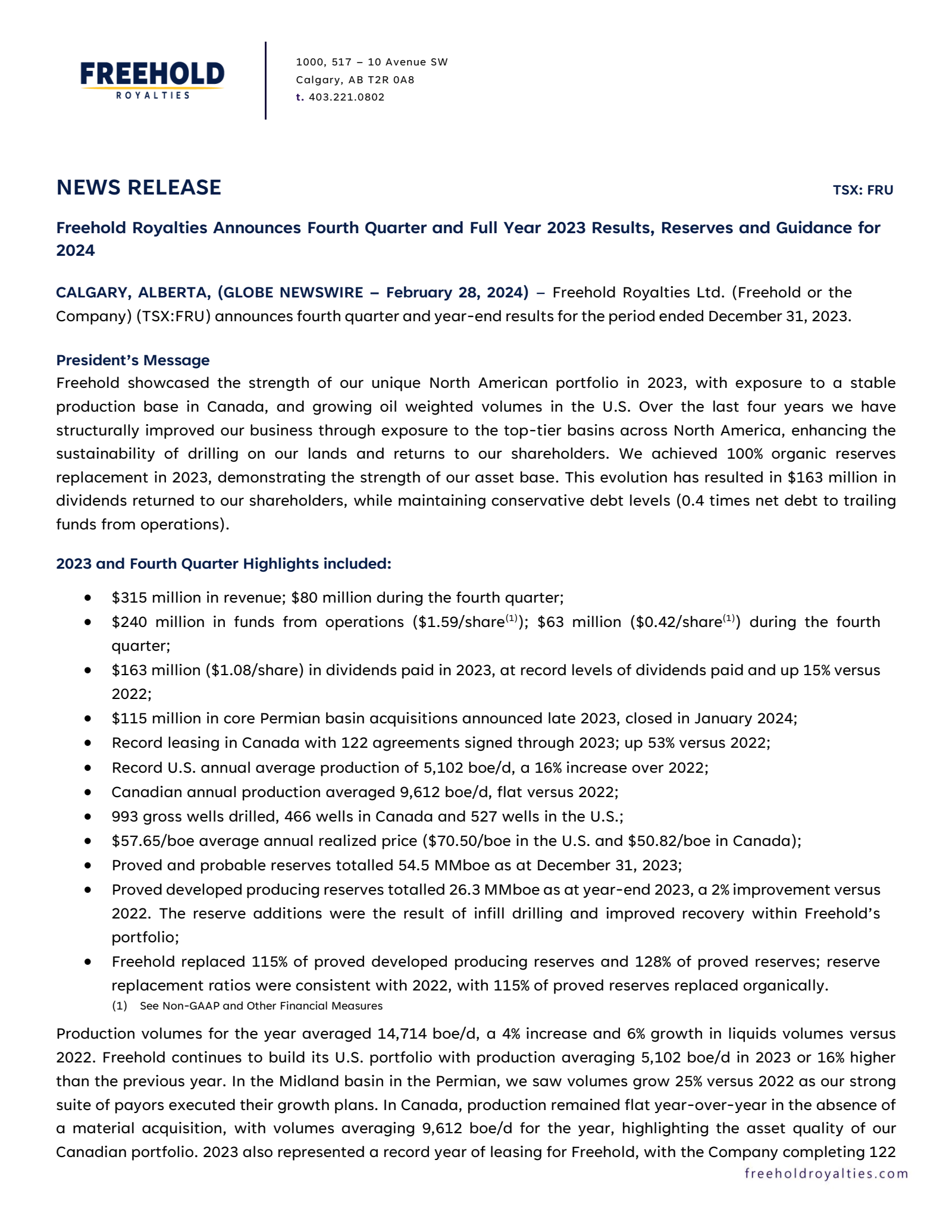 Freehold Royalties' Q4 2023 Annual report