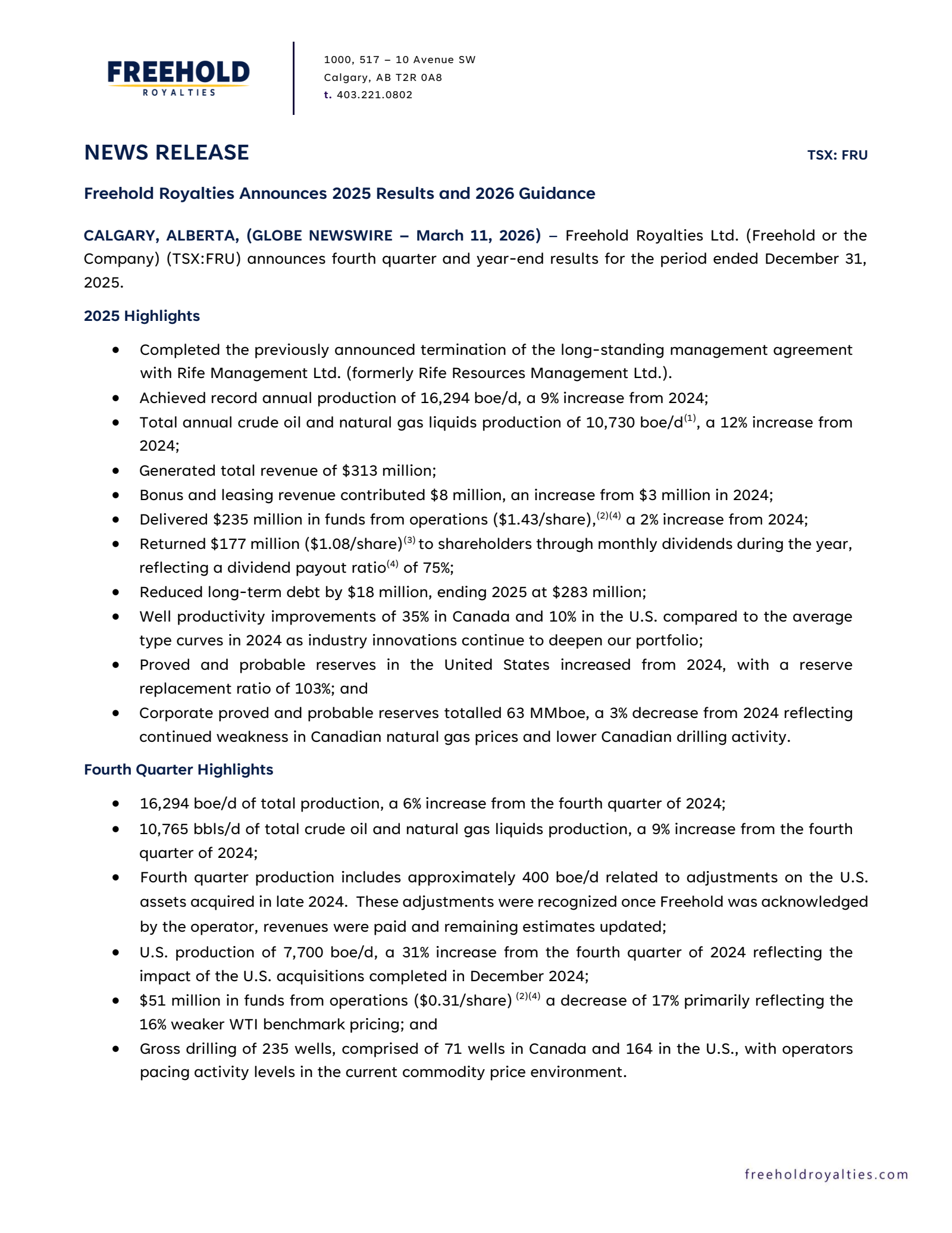 Freehold Royalties' Q4 2025 Press Release
