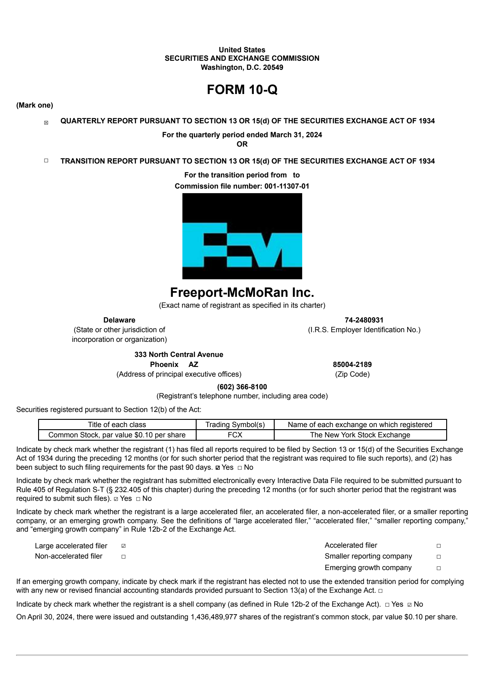 Freeport-McMoRan's Q1 2024 Quarterly report
