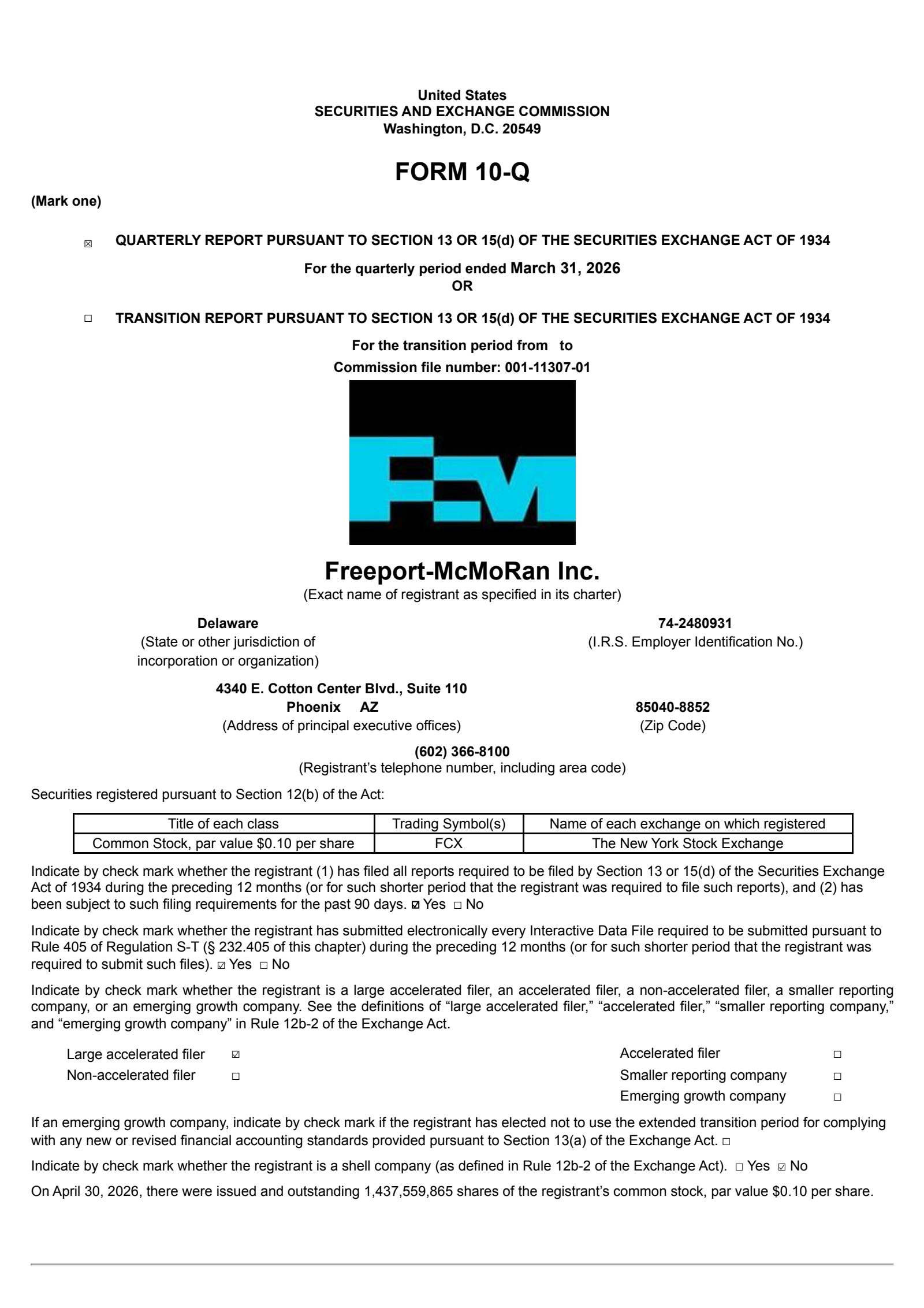 Freeport-McMoRan's Q1 2026 Quarterly report