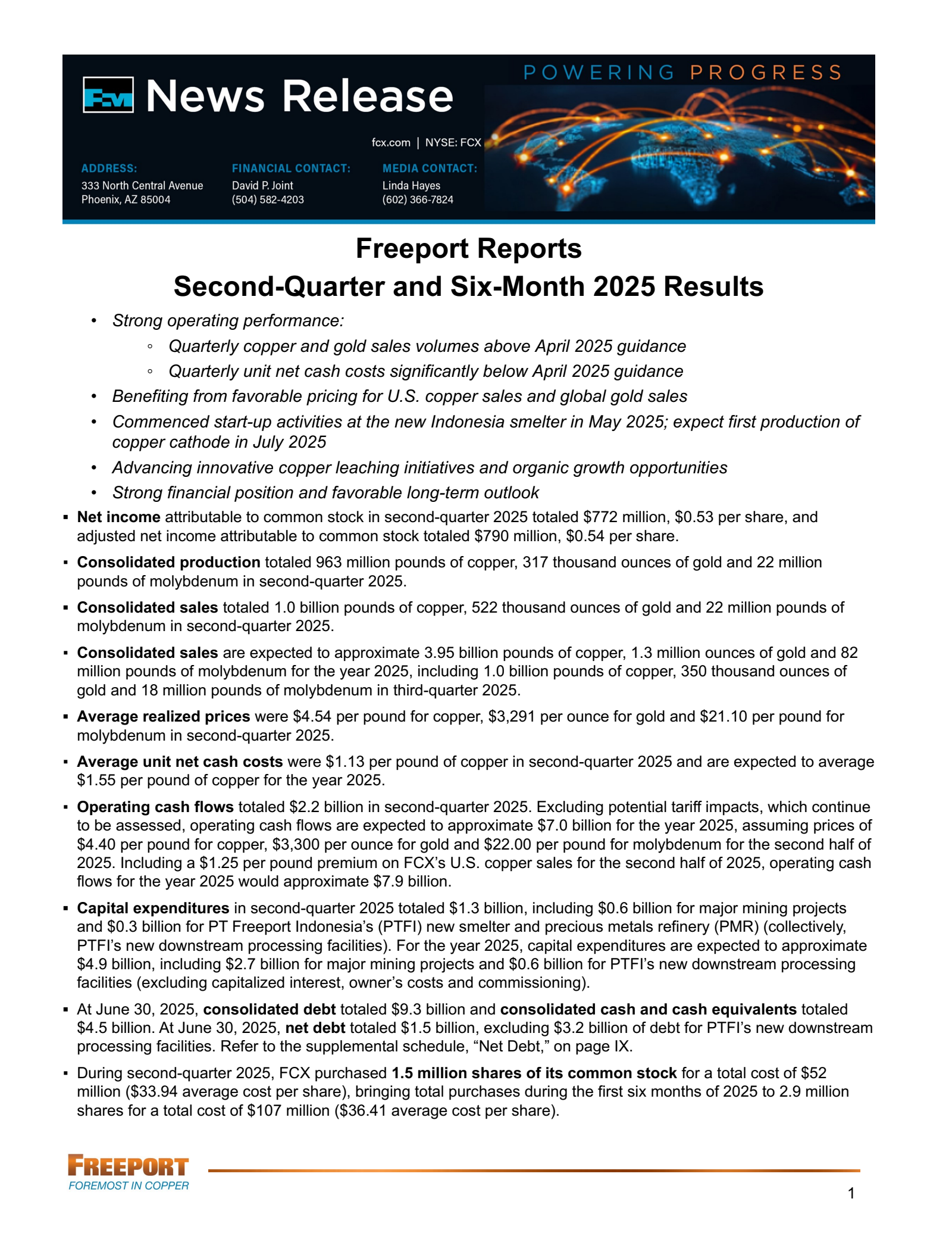 Freeport-McMoRan's Q2 2025 Press Release