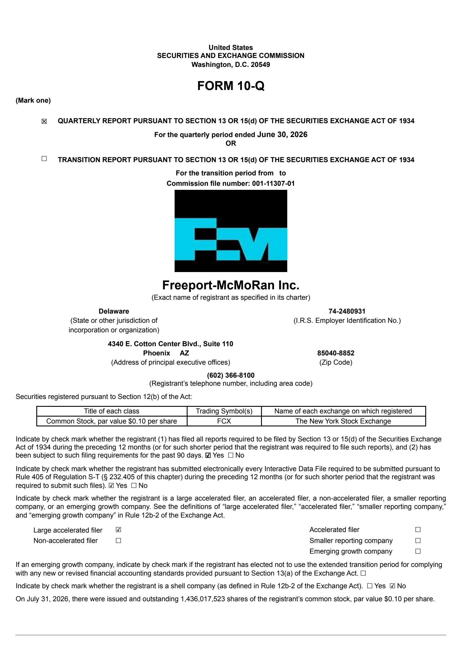 Freeport-McMoRan's Q2 2026 Quarterly report