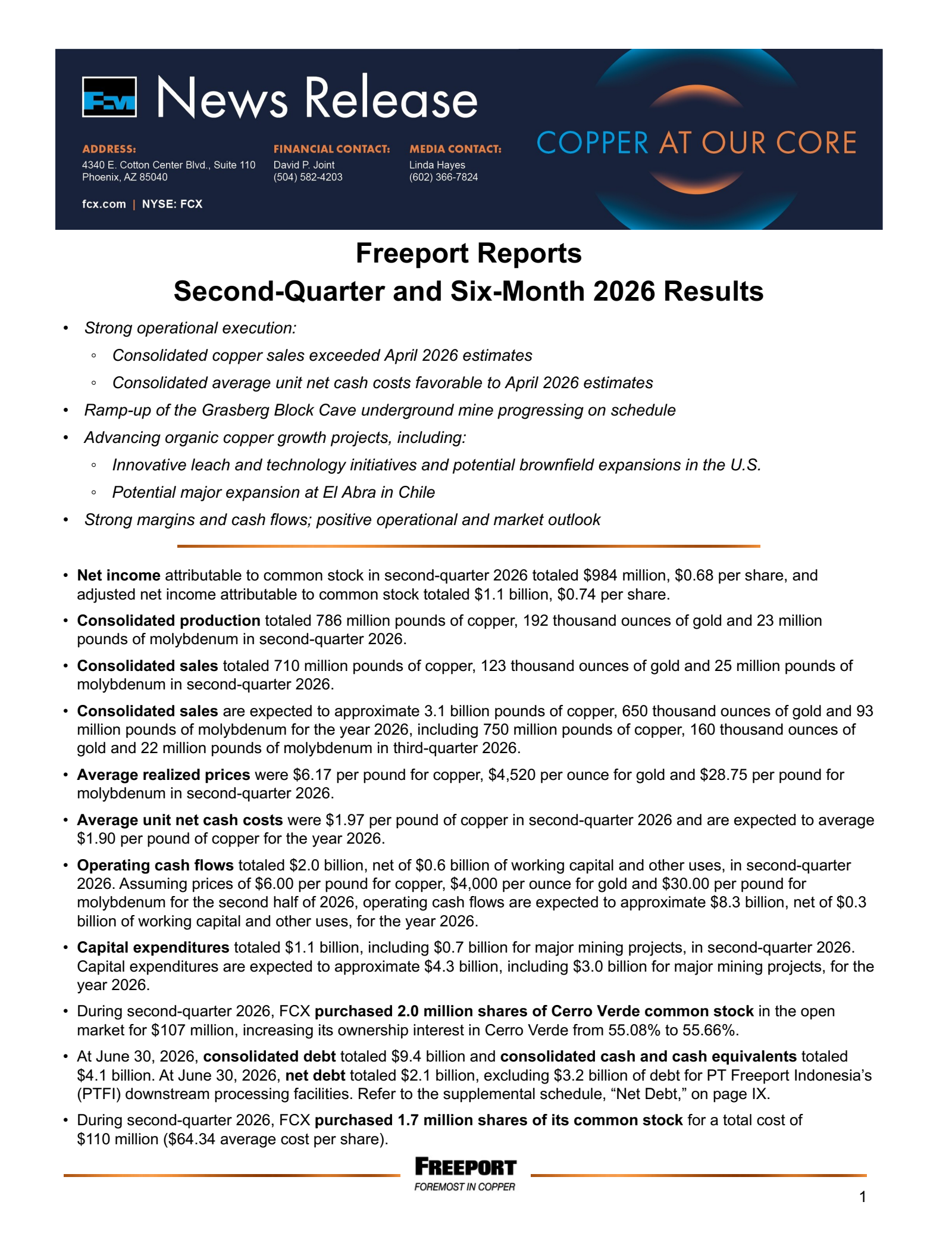 Freeport-McMoRan's Q2 2026 Press Release