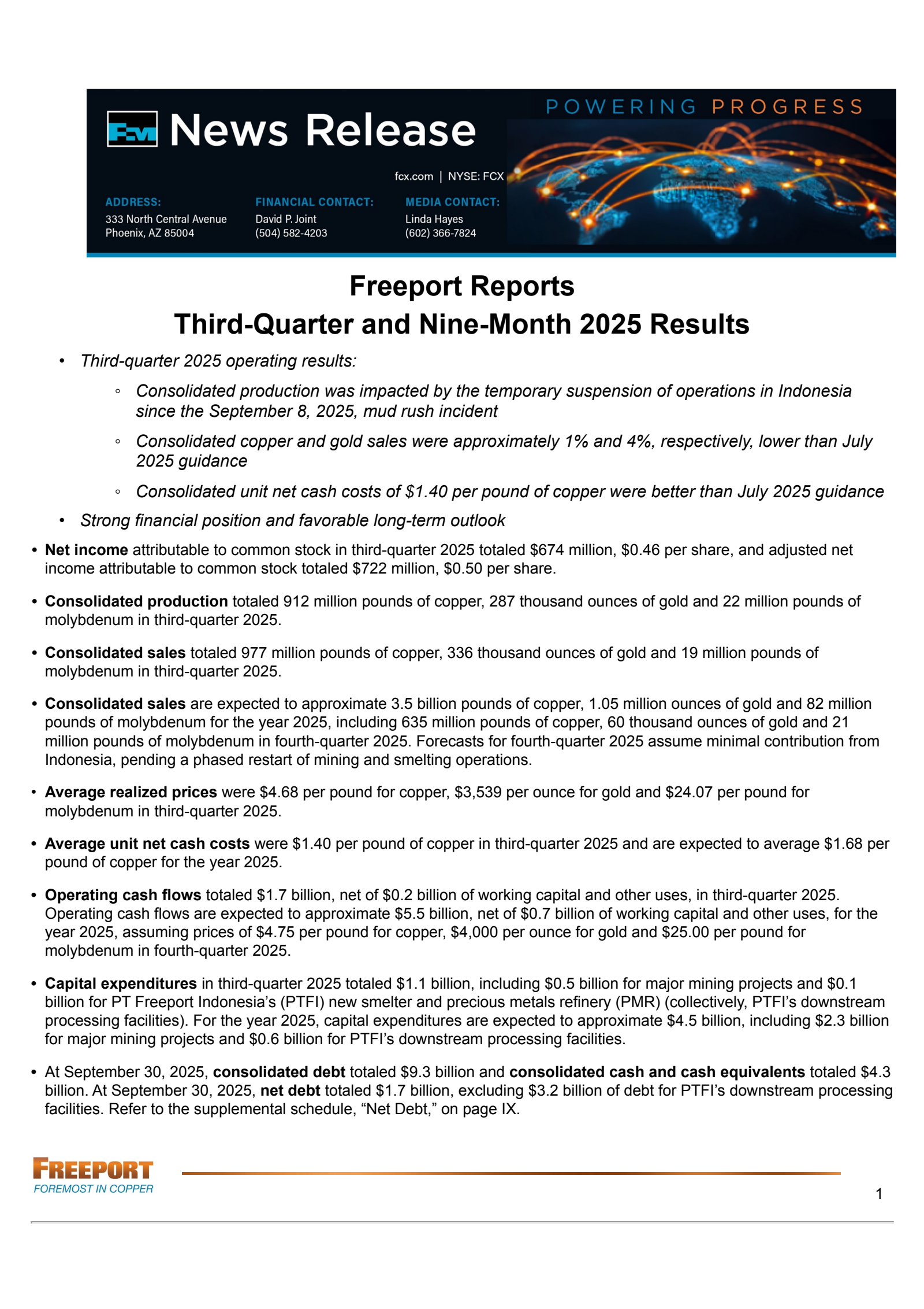 Freeport-McMoRan's Q3 2025 Earnings Release