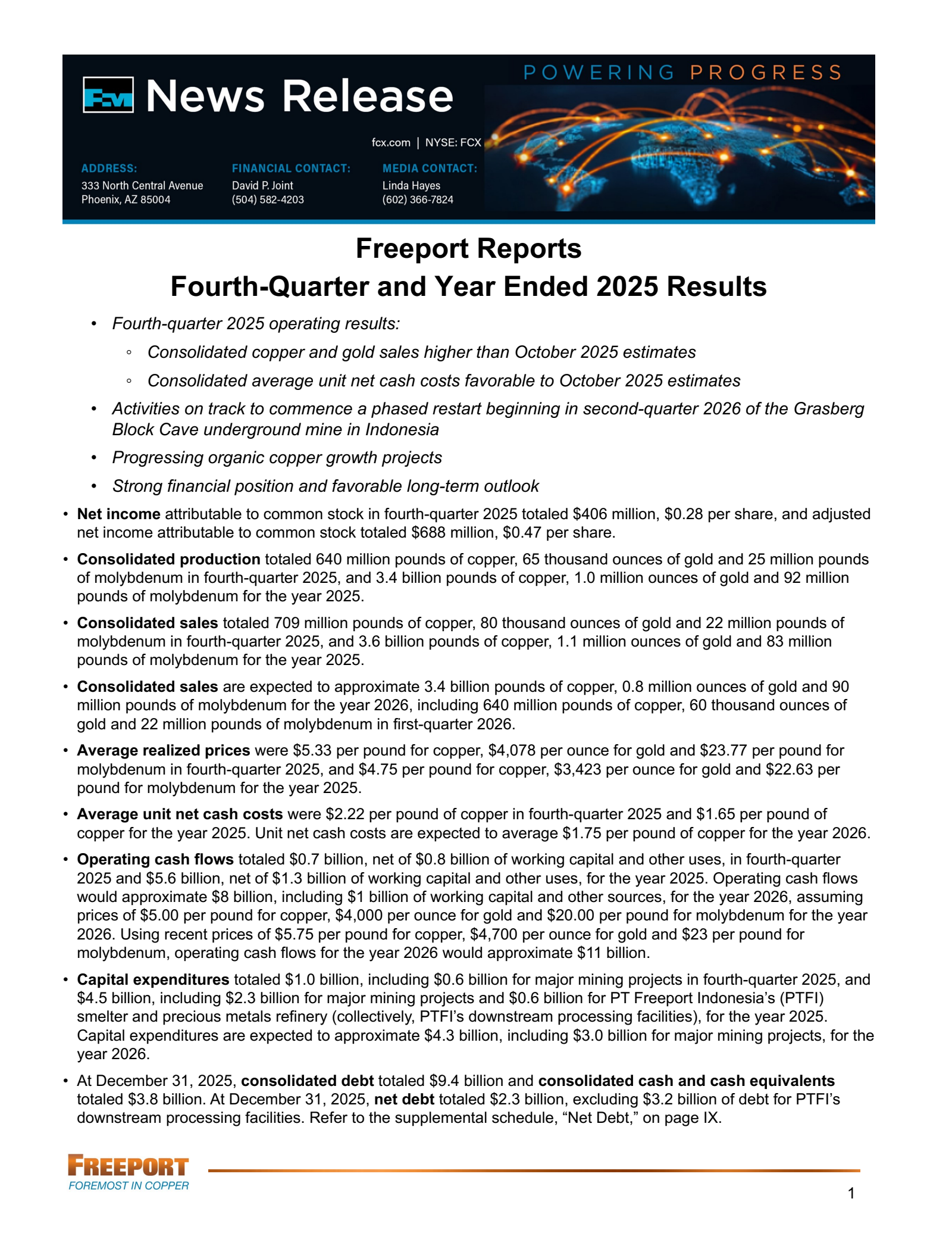 Freeport-McMoRan's Q4 2025 Press Release