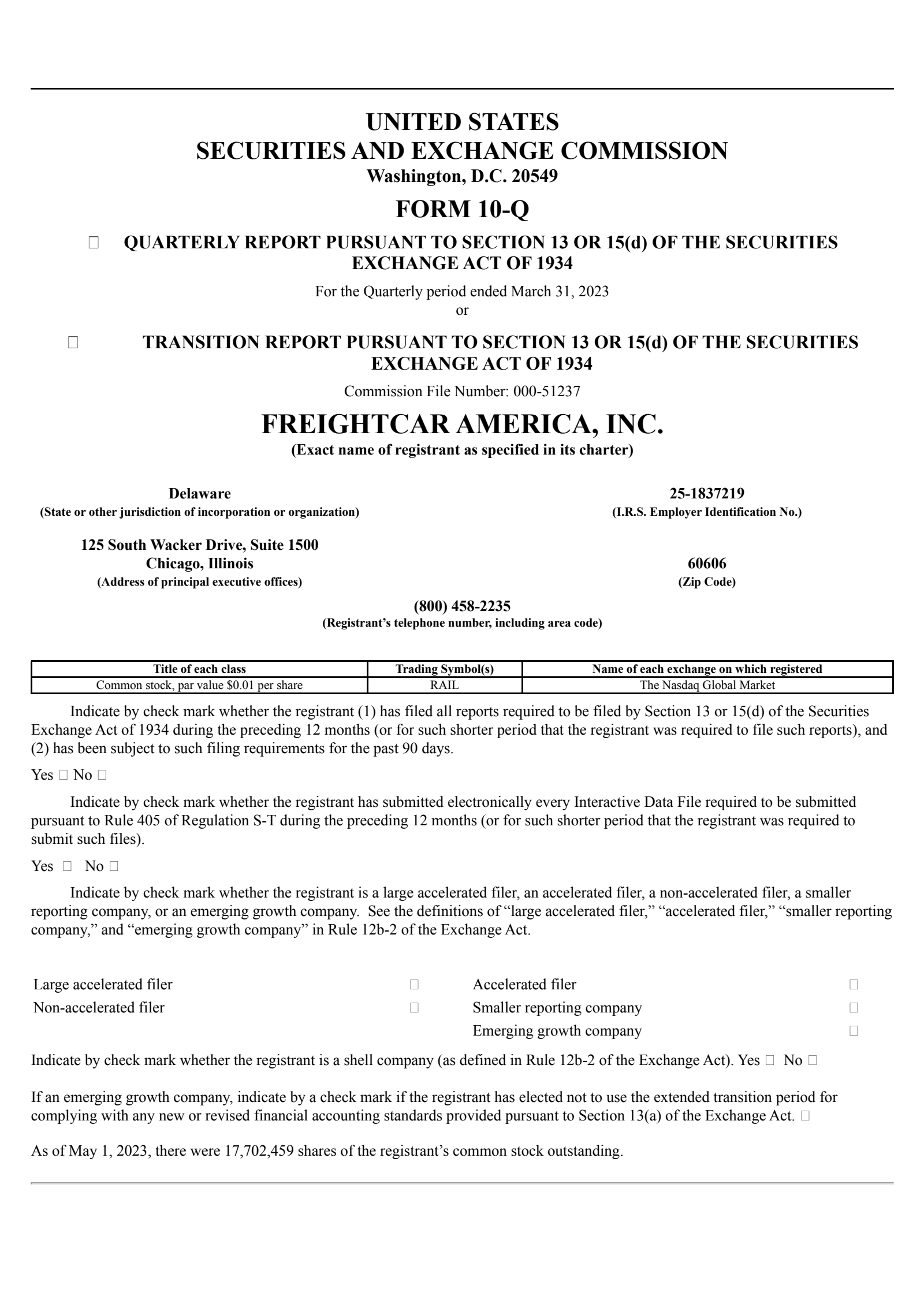 Freightcar America's Q1 2023 Quarterly report