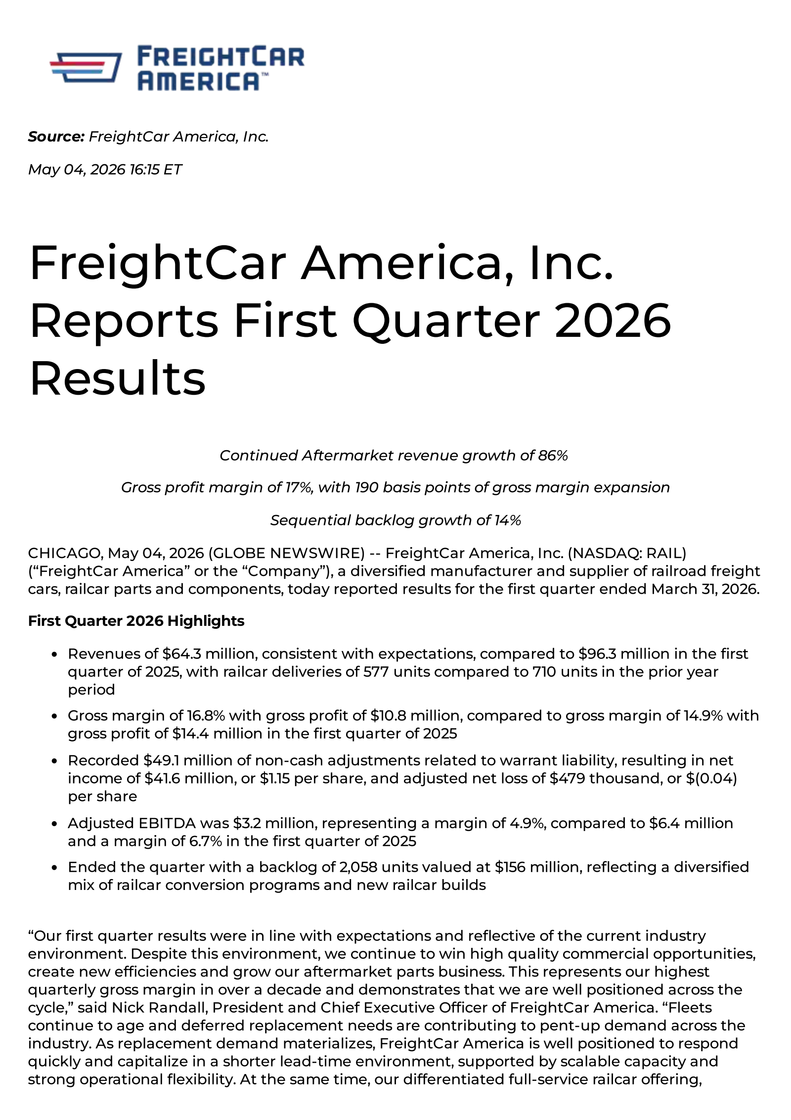 Freightcar America's Q1 2026 Press Release